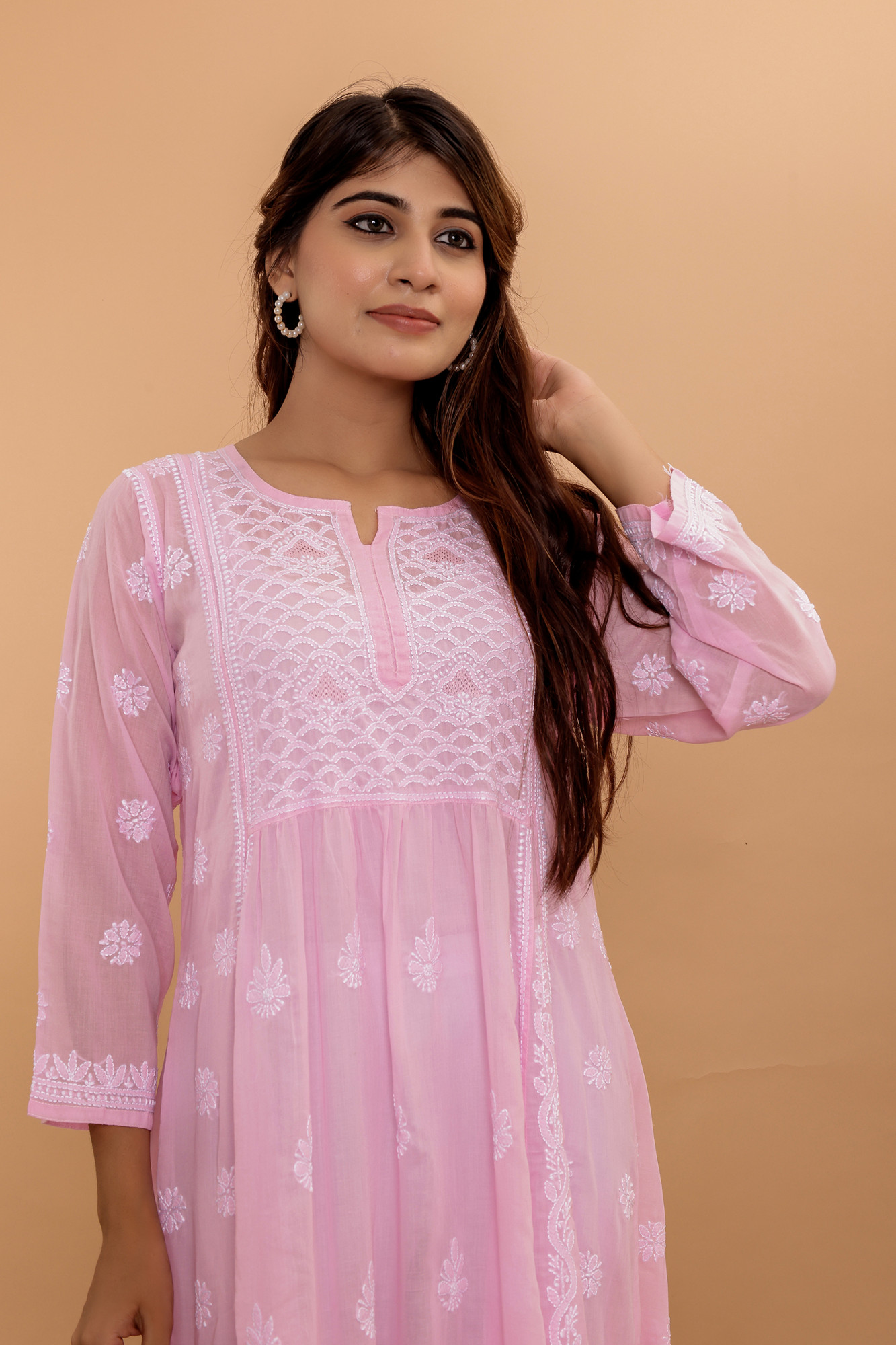 Pink A line Cotton Full Embroidered KurtaDress