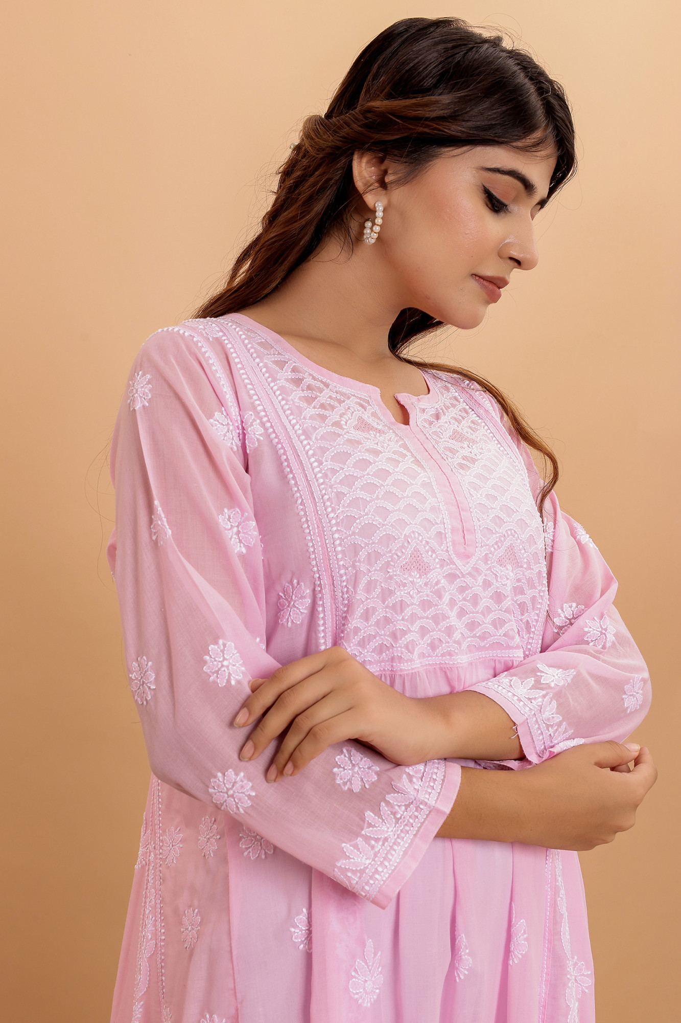 Pink A line Cotton Full Embroidered KurtaDress