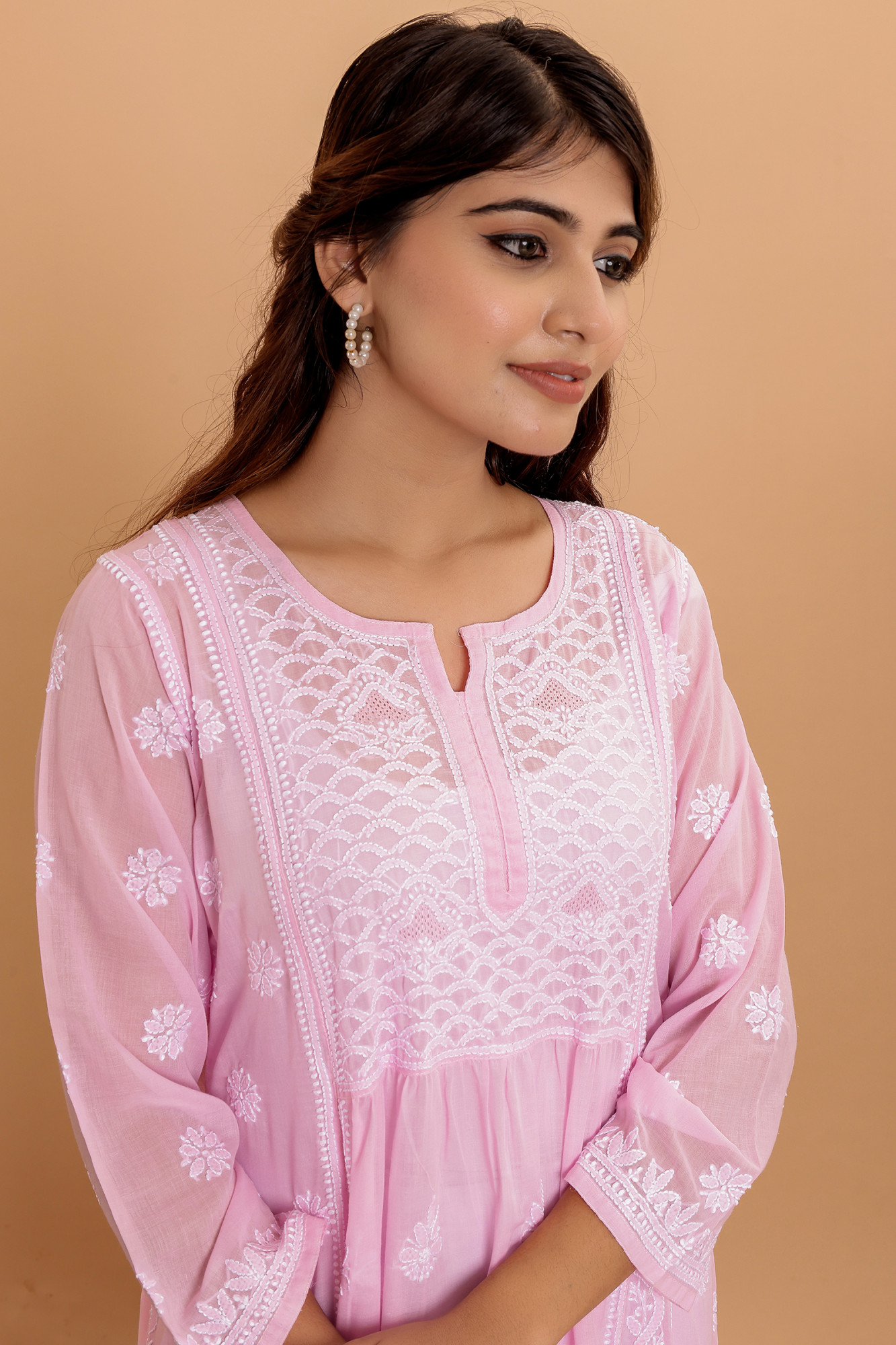 Pink A line Cotton Full Embroidered KurtaDress