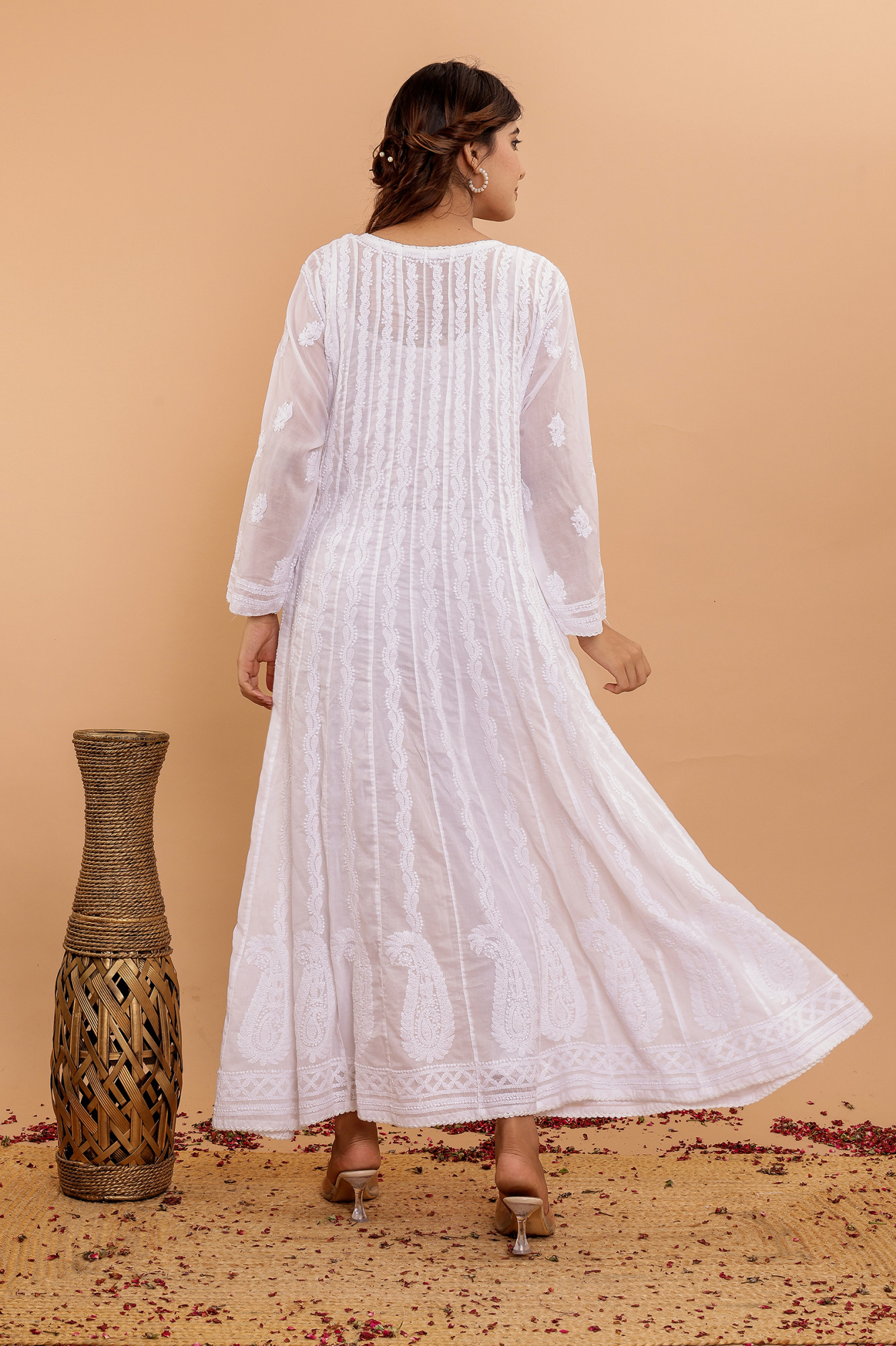 White cotton All over Hand embroidered Anarikali