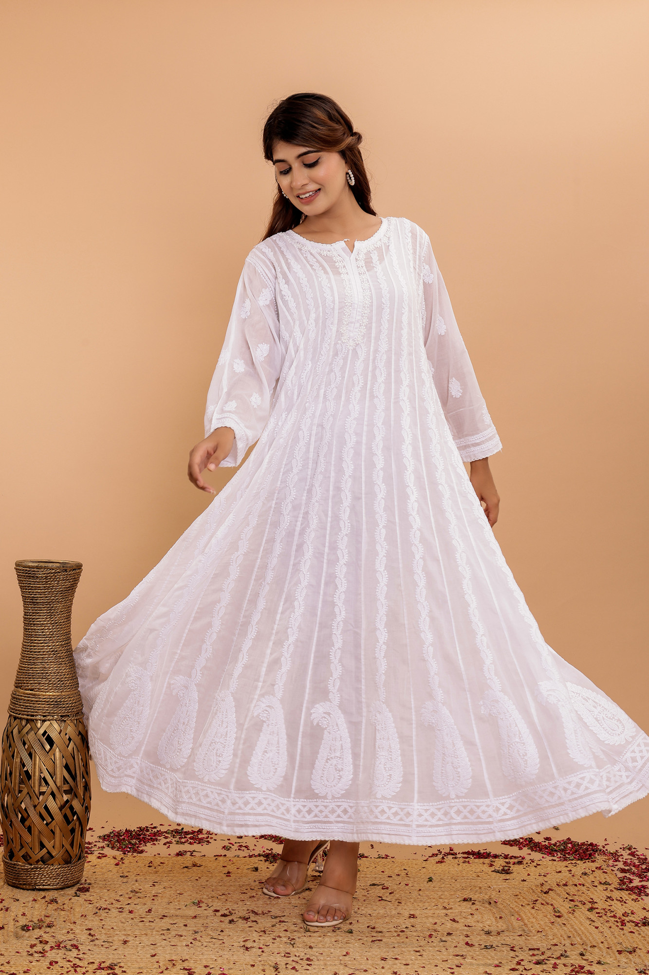 White cotton All over Hand embroidered Anarikali