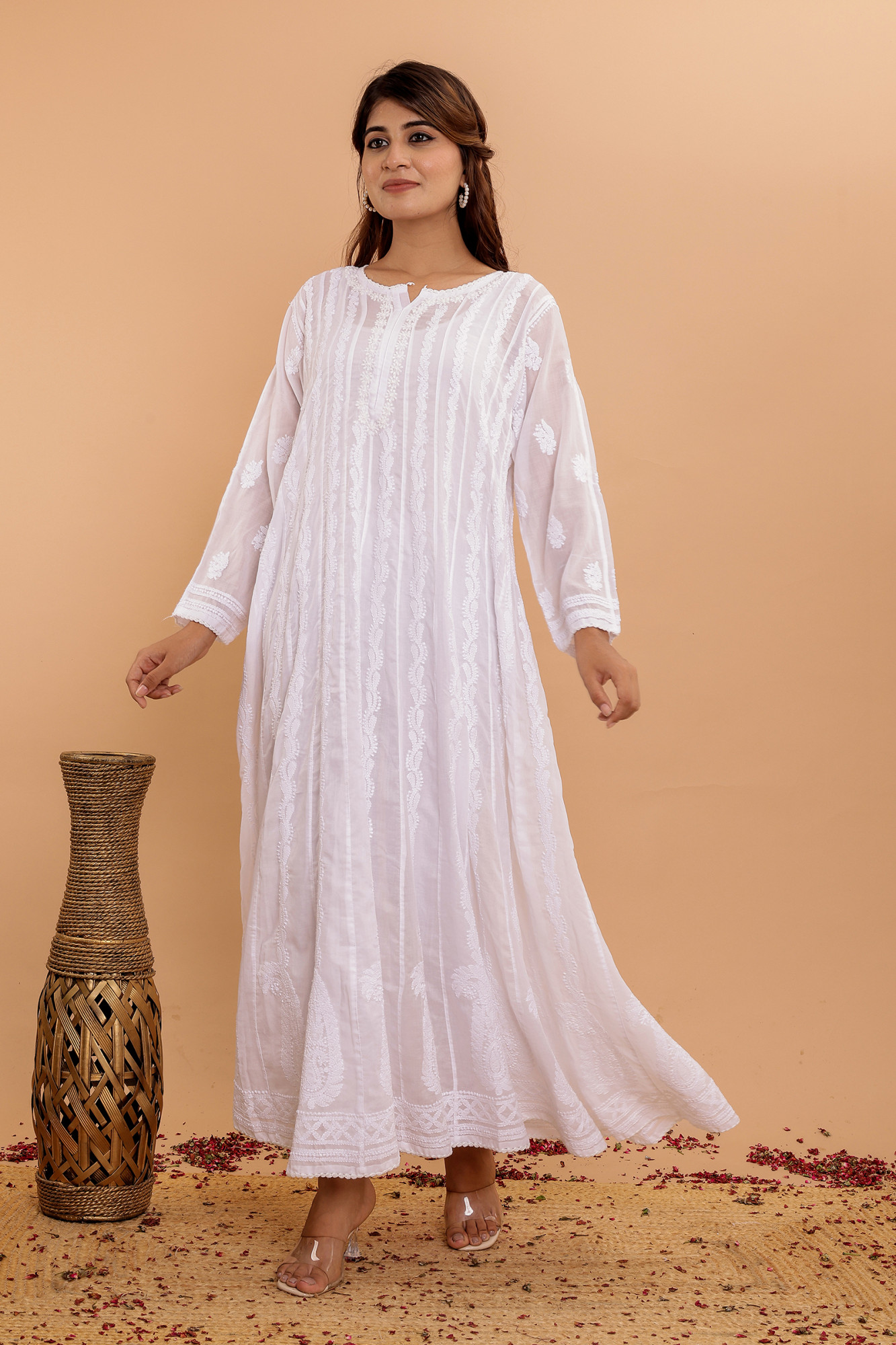 White cotton All over Hand embroidered Anarikali