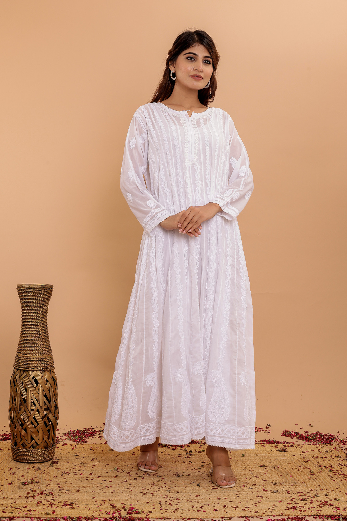 White cotton All over Hand embroidered Anarikali