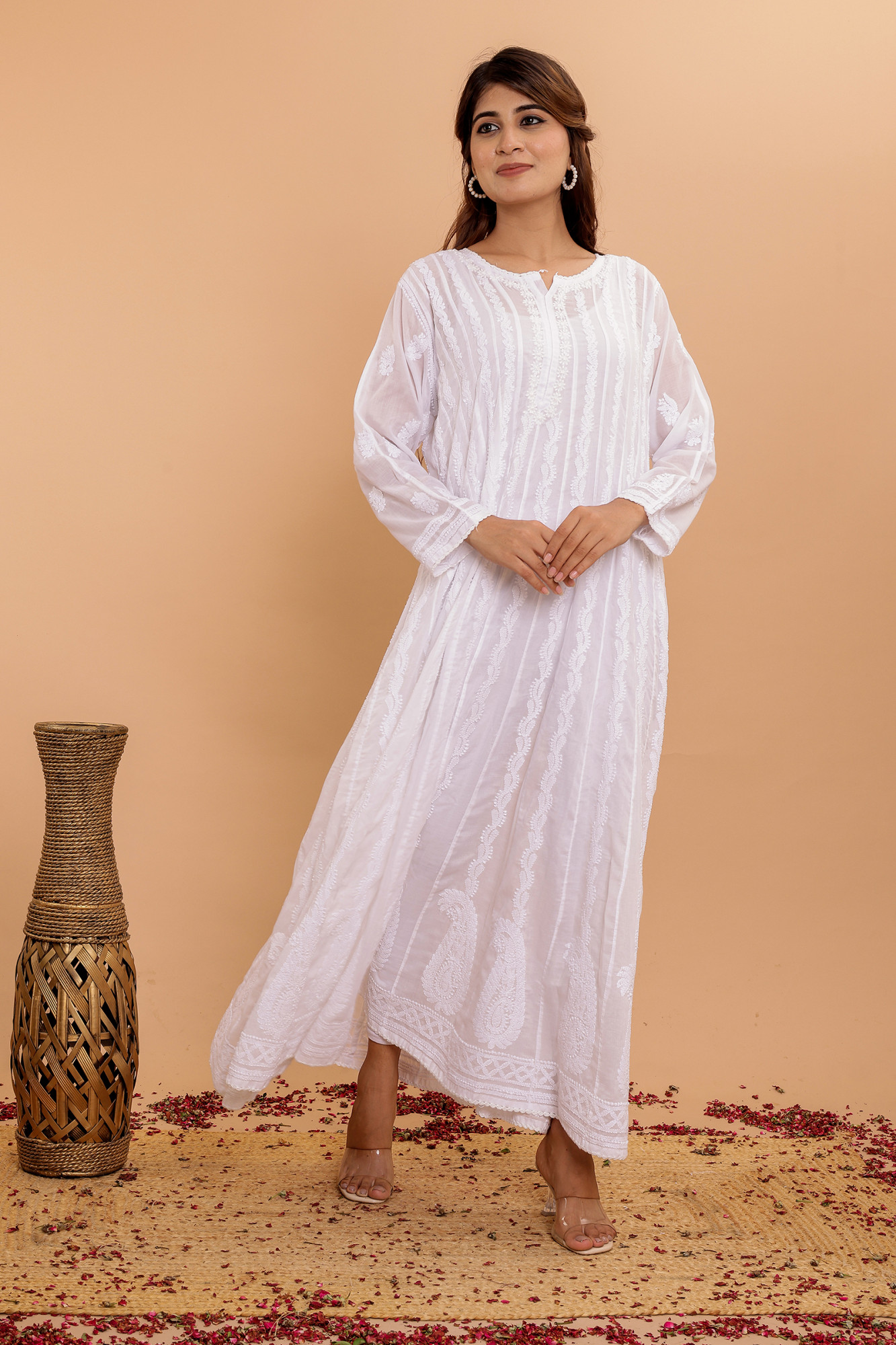 White cotton All over Hand embroidered Anarikali