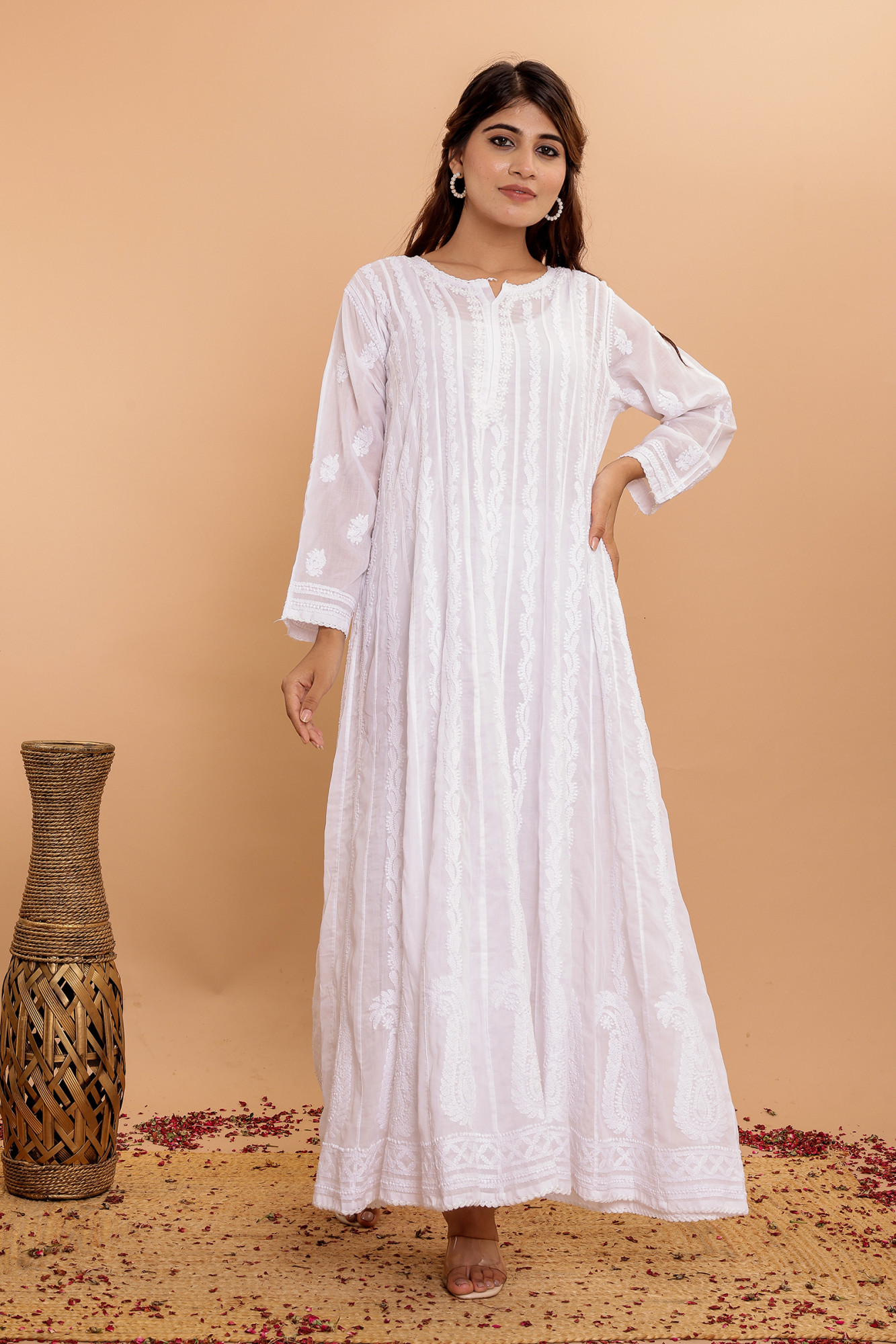 White cotton All over Hand embroidered Anarikali