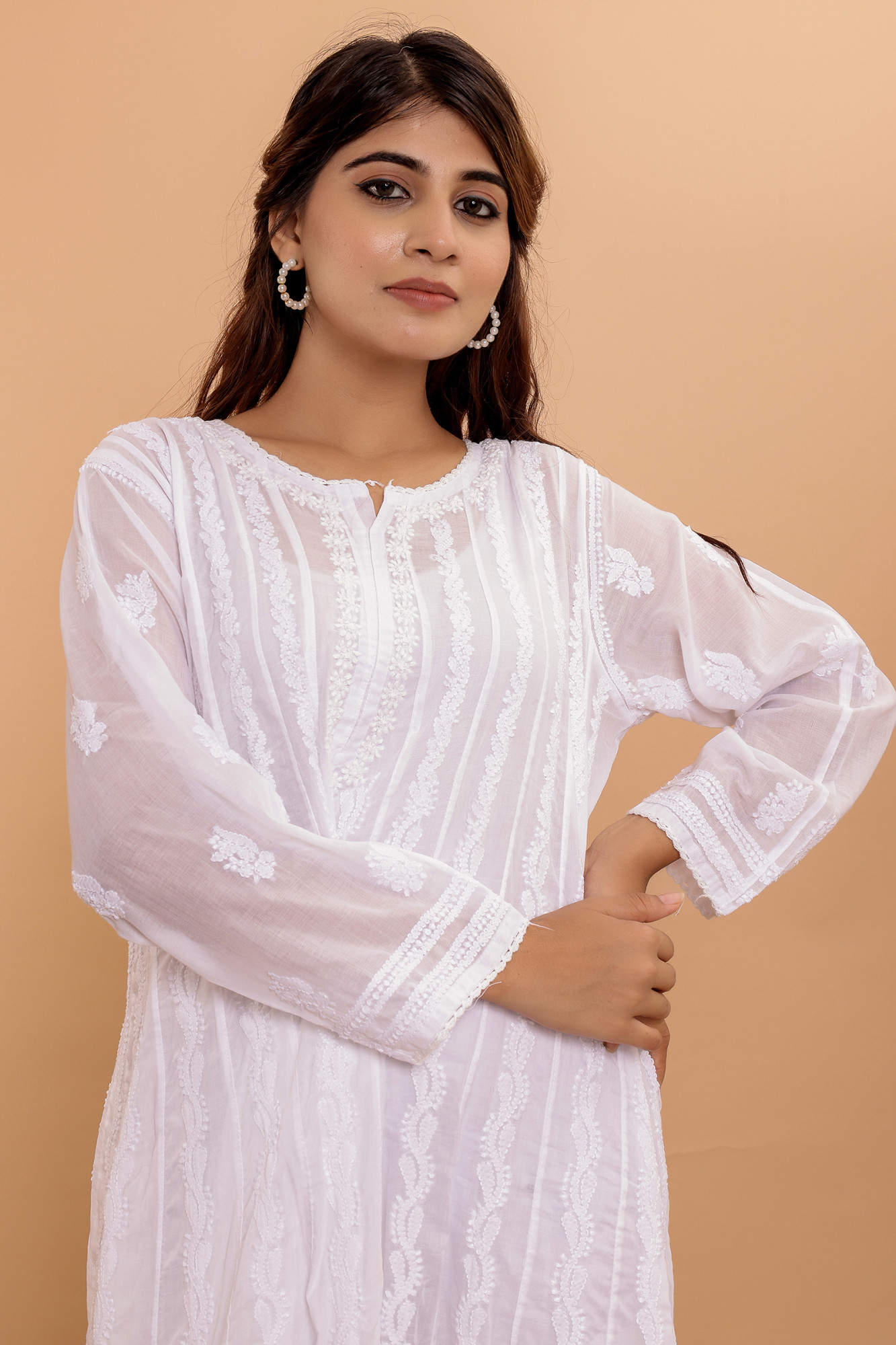 White cotton All over Hand embroidered Anarikali