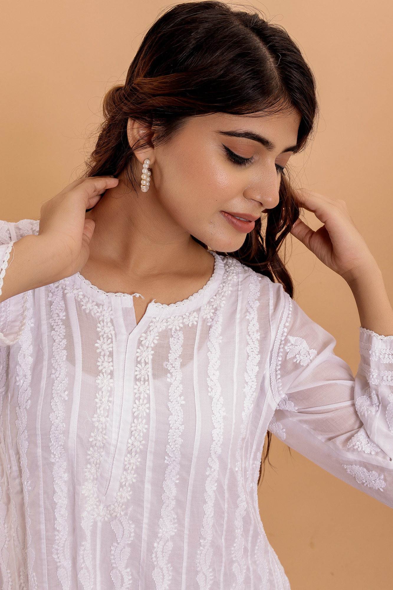 White cotton All over Hand embroidered Anarikali