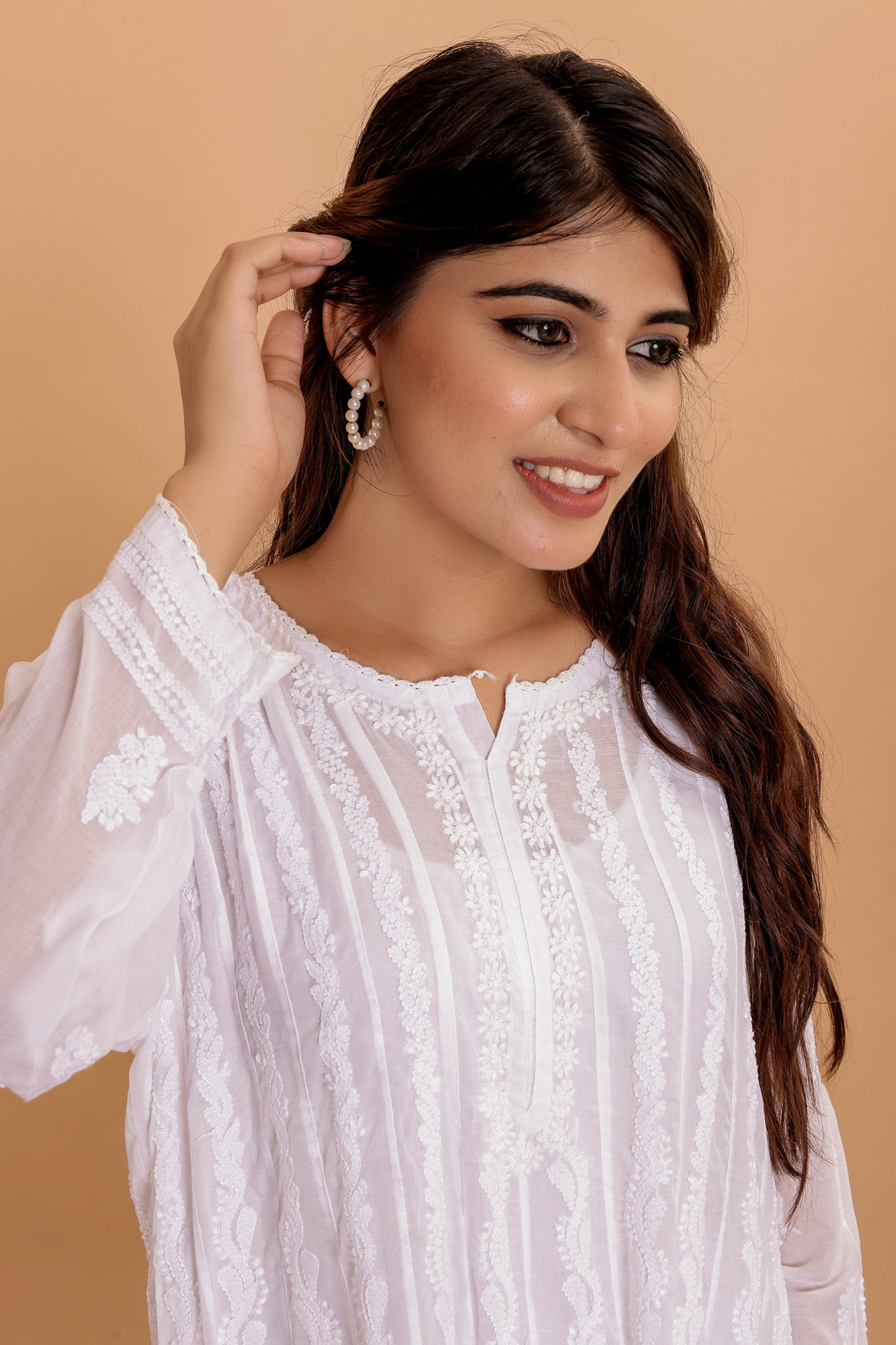 White cotton All over Hand embroidered Anarikali