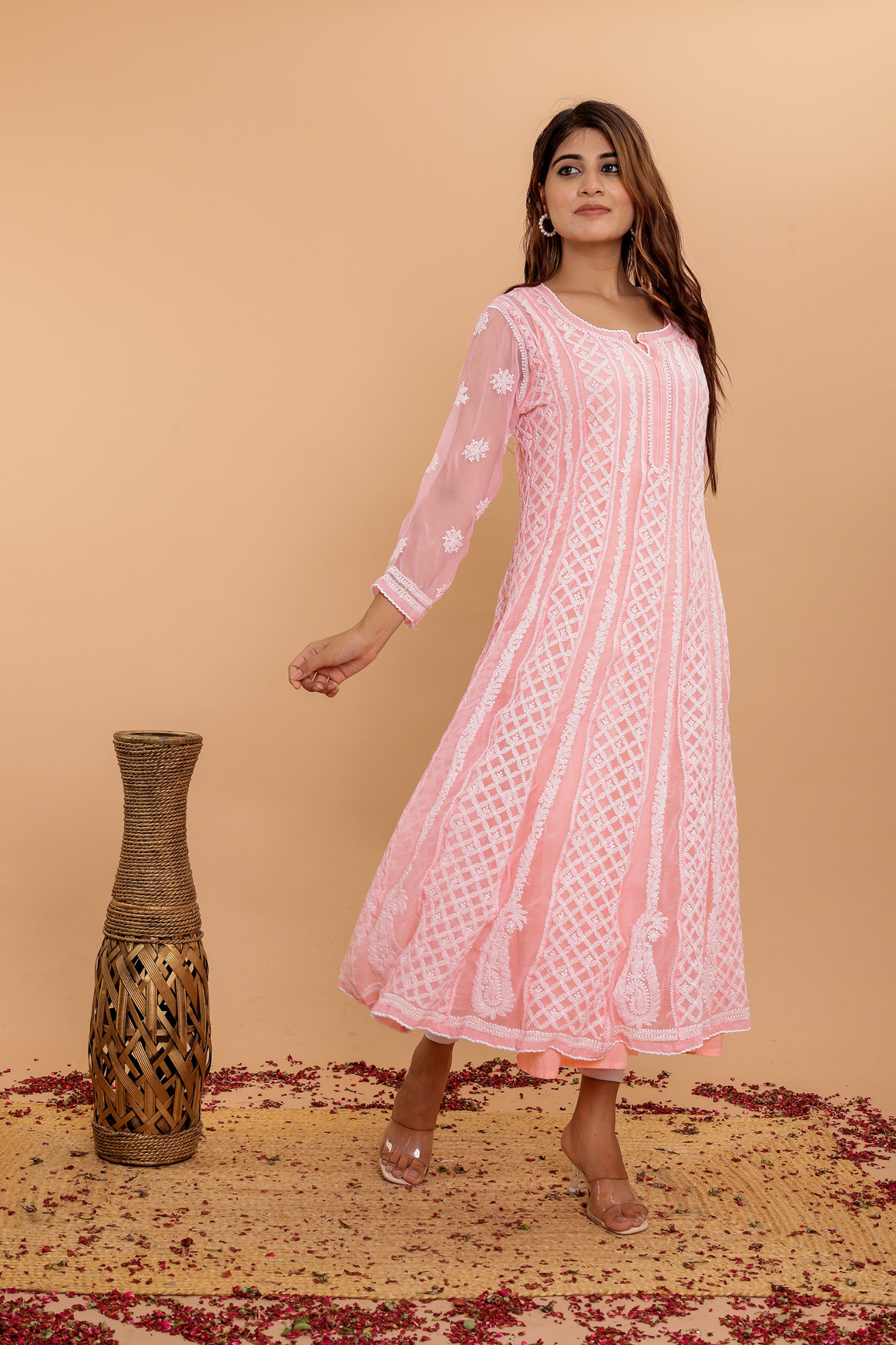 Peach Georgette full embroidered anarkali