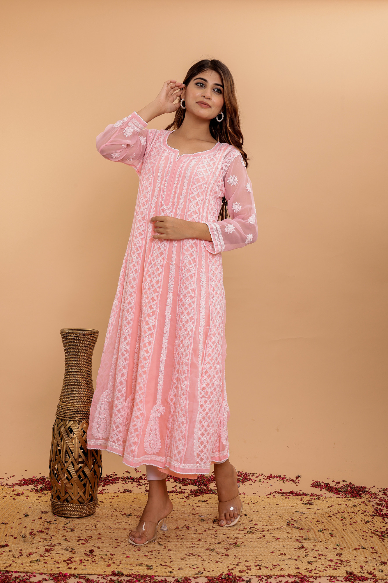 Peach Georgette full embroidered anarkali