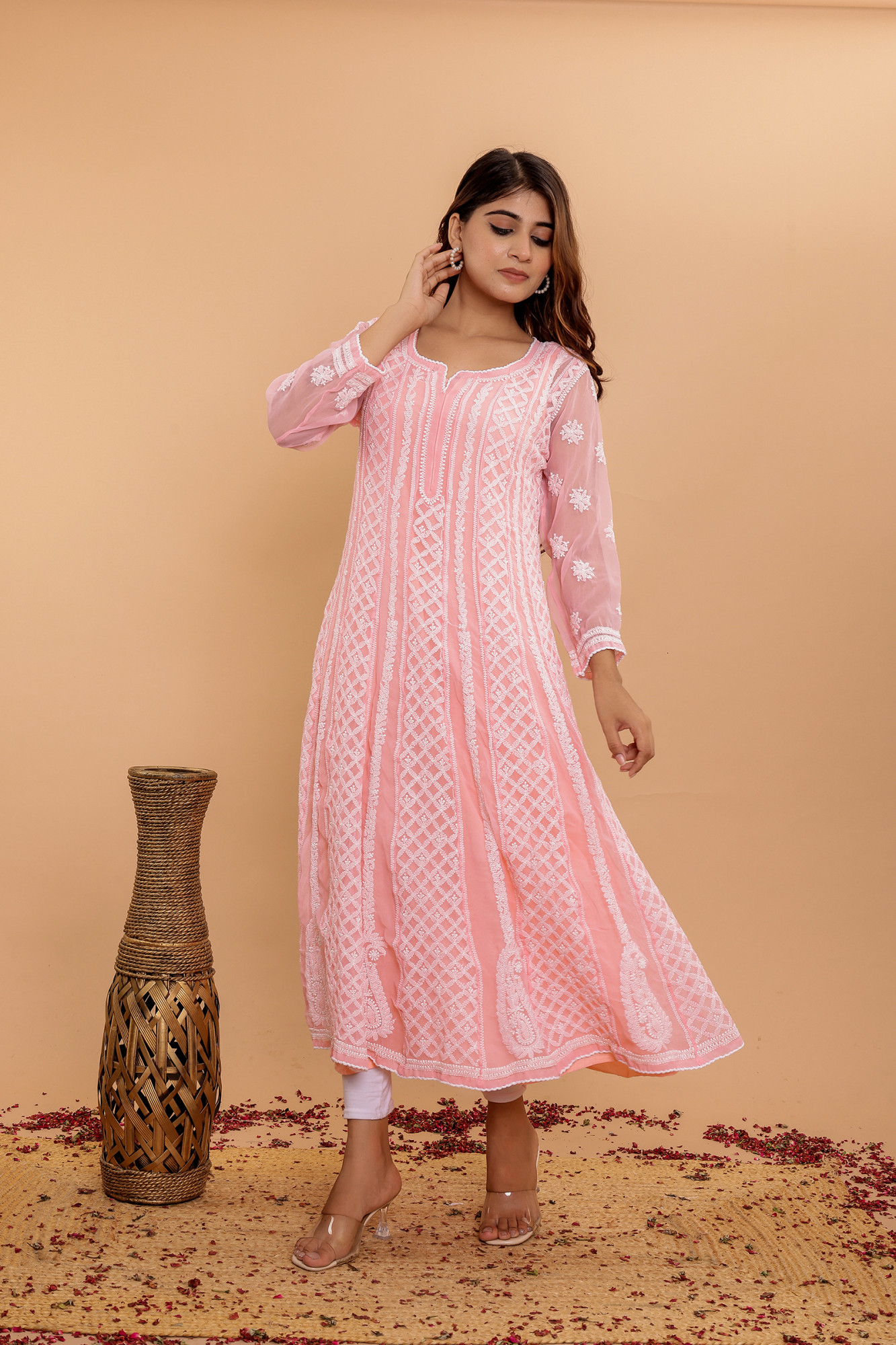 Peach Georgette full embroidered anarkali