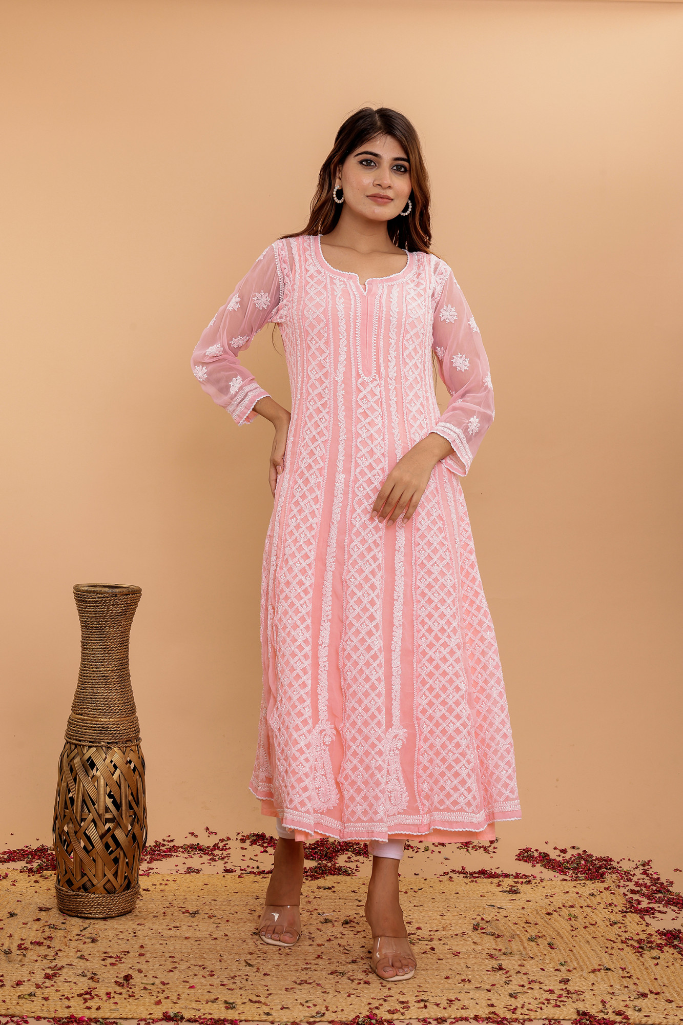 Peach Georgette full embroidered anarkali