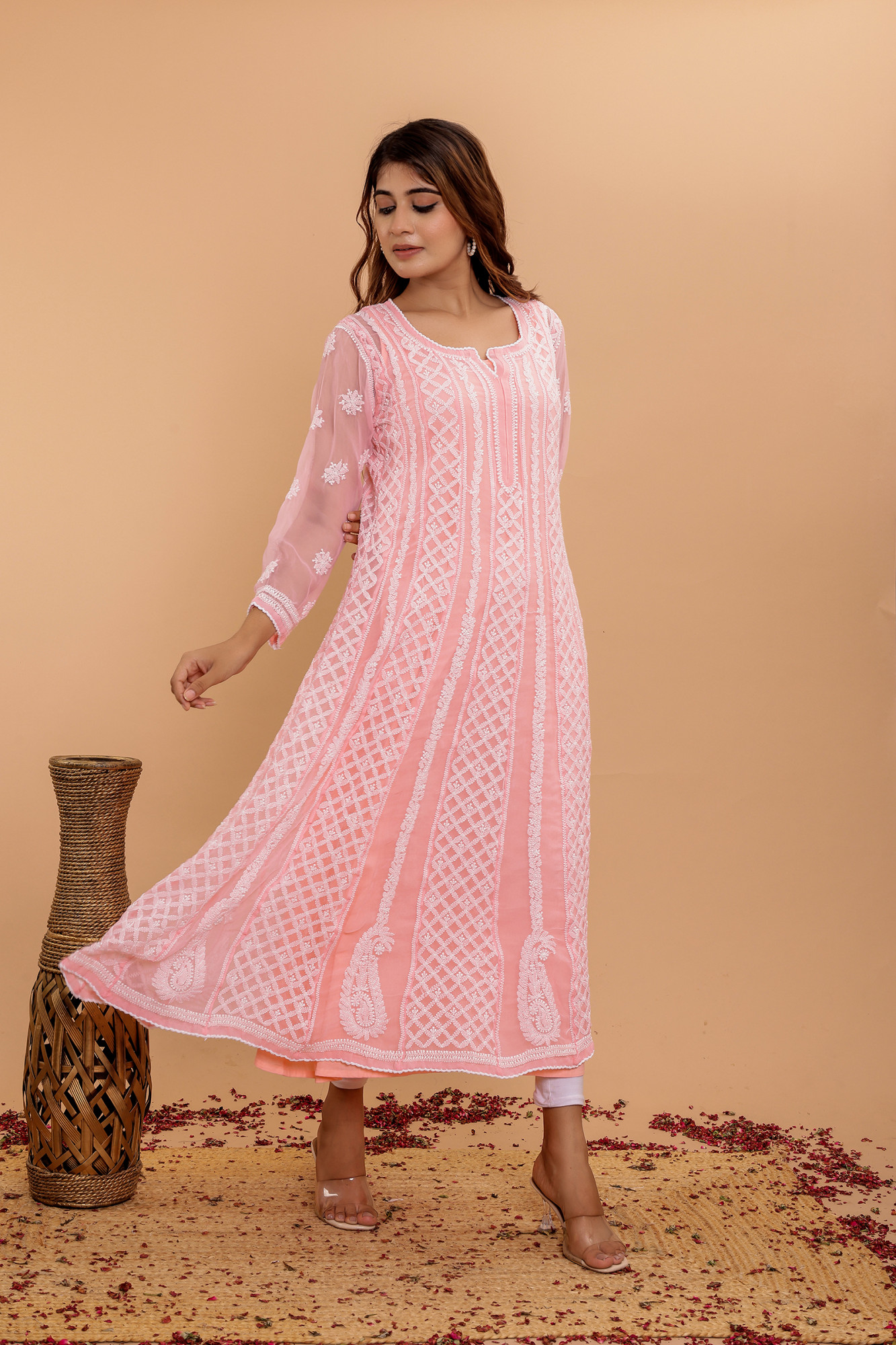 Peach Georgette full embroidered anarkali