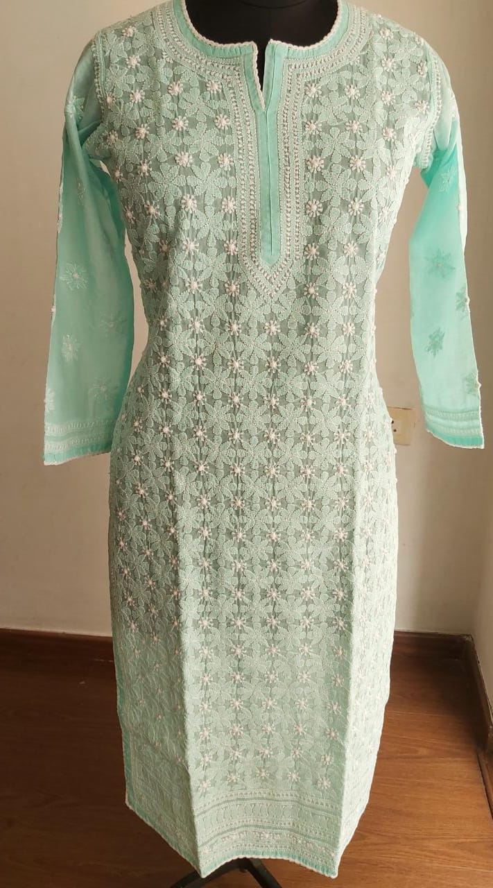 Sea Green Cotton Jaalwork Kurti