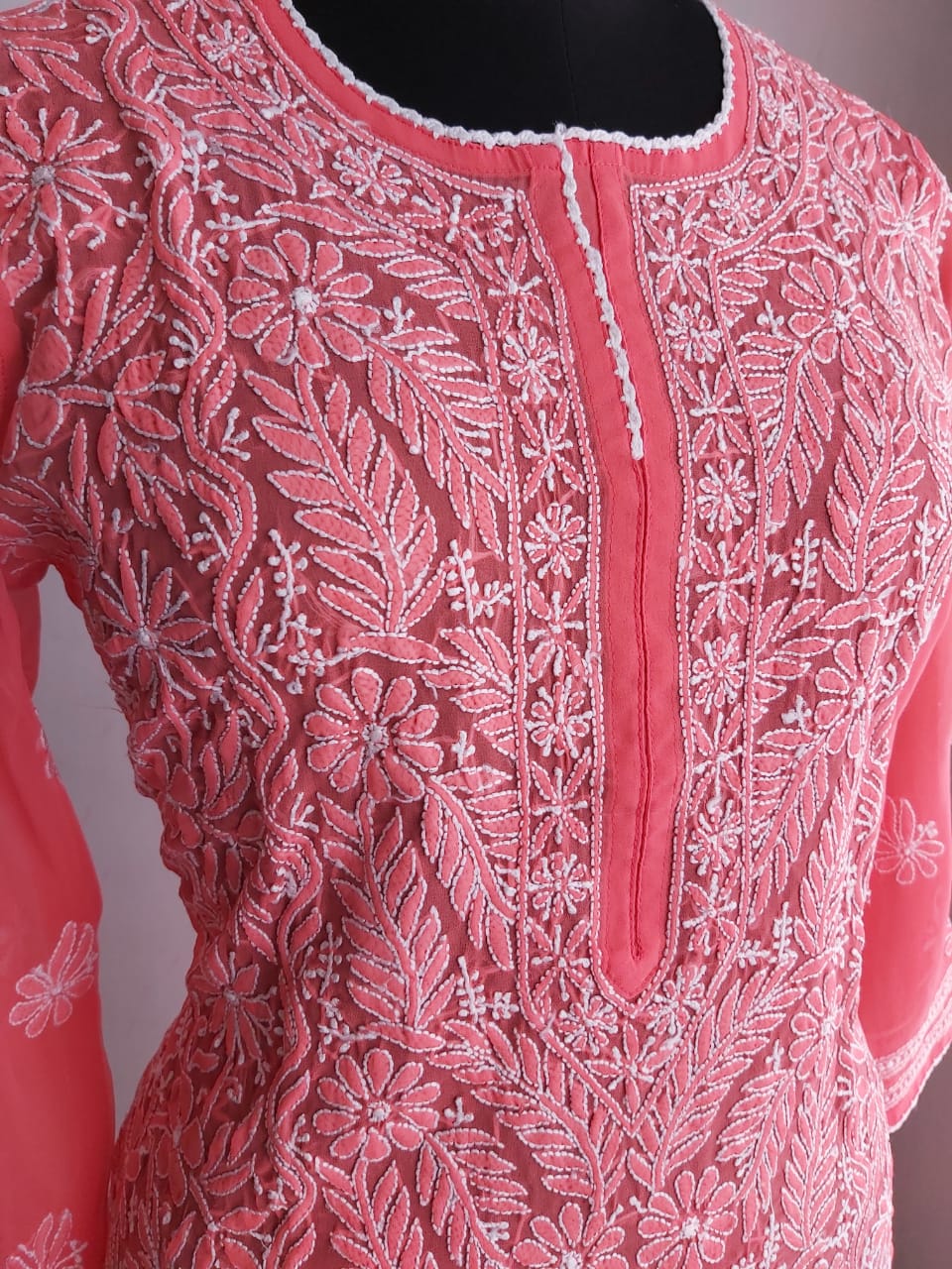 Coral Pink Georgette Kurti with Resham Work