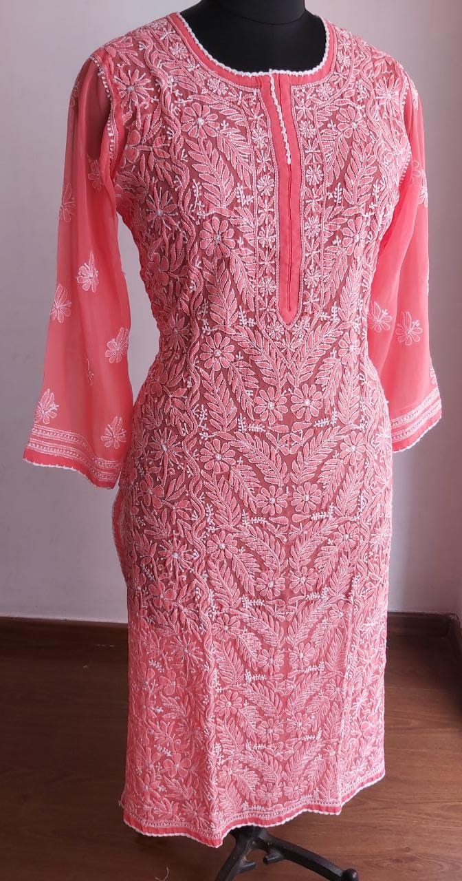 Coral Pink Georgette Kurti with Resham Work