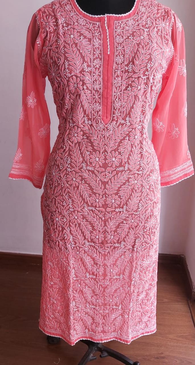 Coral Pink Georgette Kurti with Resham Work