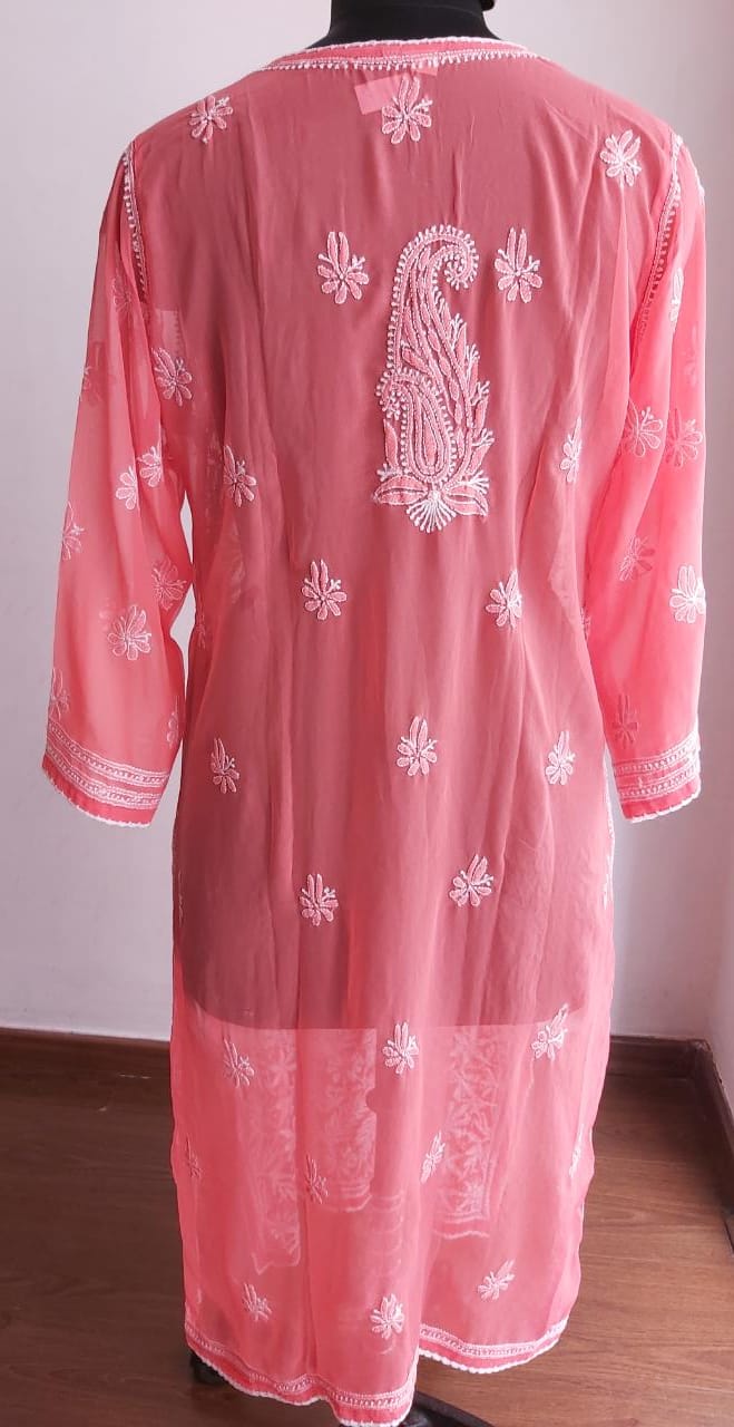 Coral Pink Georgette Kurti with Resham Work