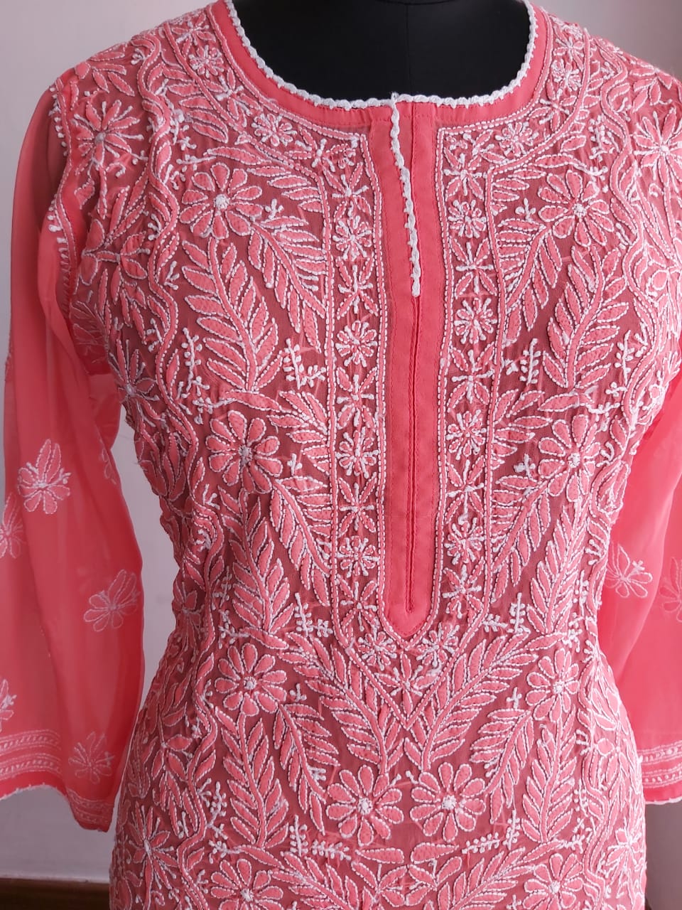 Coral Pink Georgette Kurti with Resham Work