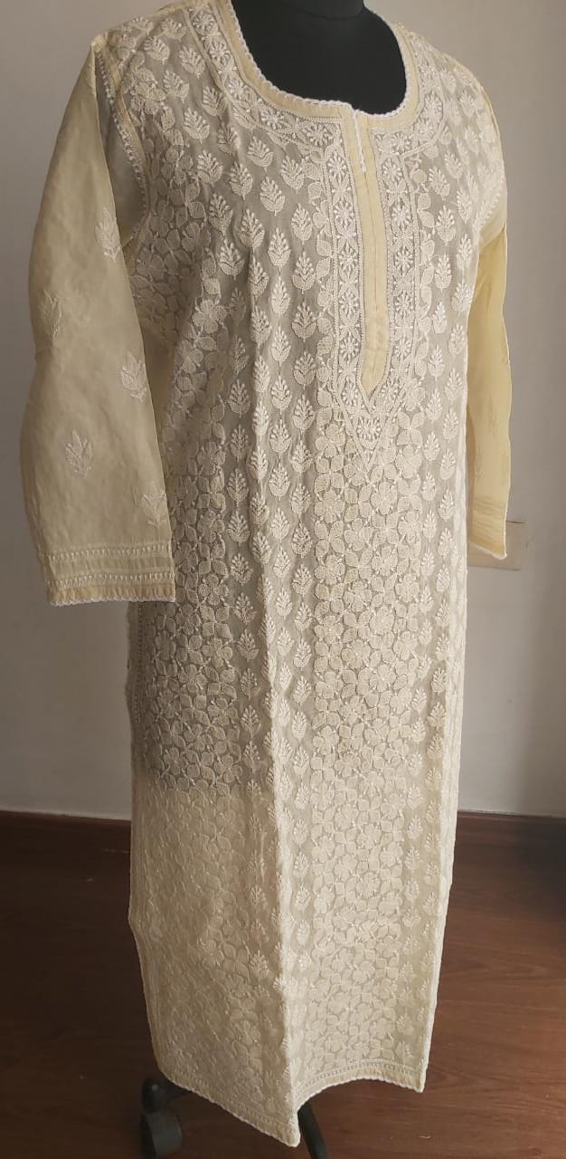 Beige Cotton Voil Jaal kurti