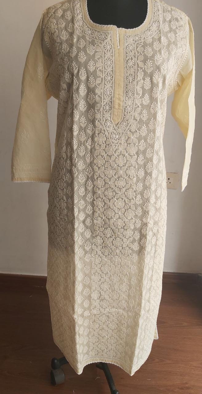 Beige Cotton Voil Jaal kurti
