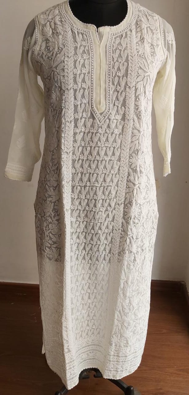 Cream Georgette Resham Work Kurti