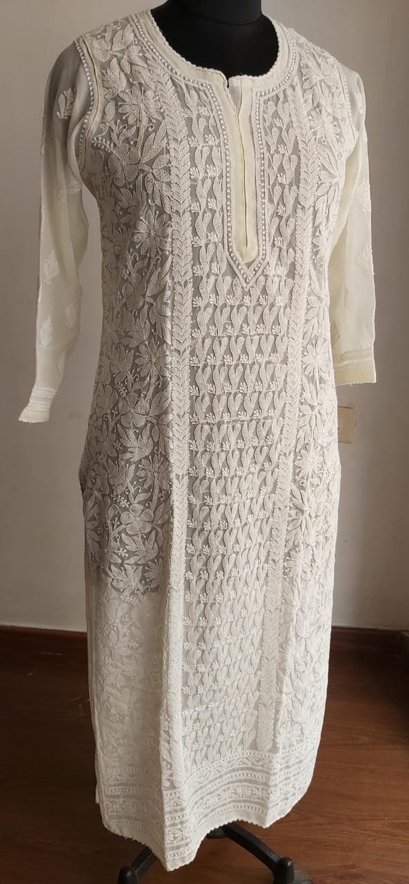 Cream Georgette Resham Work Kurti