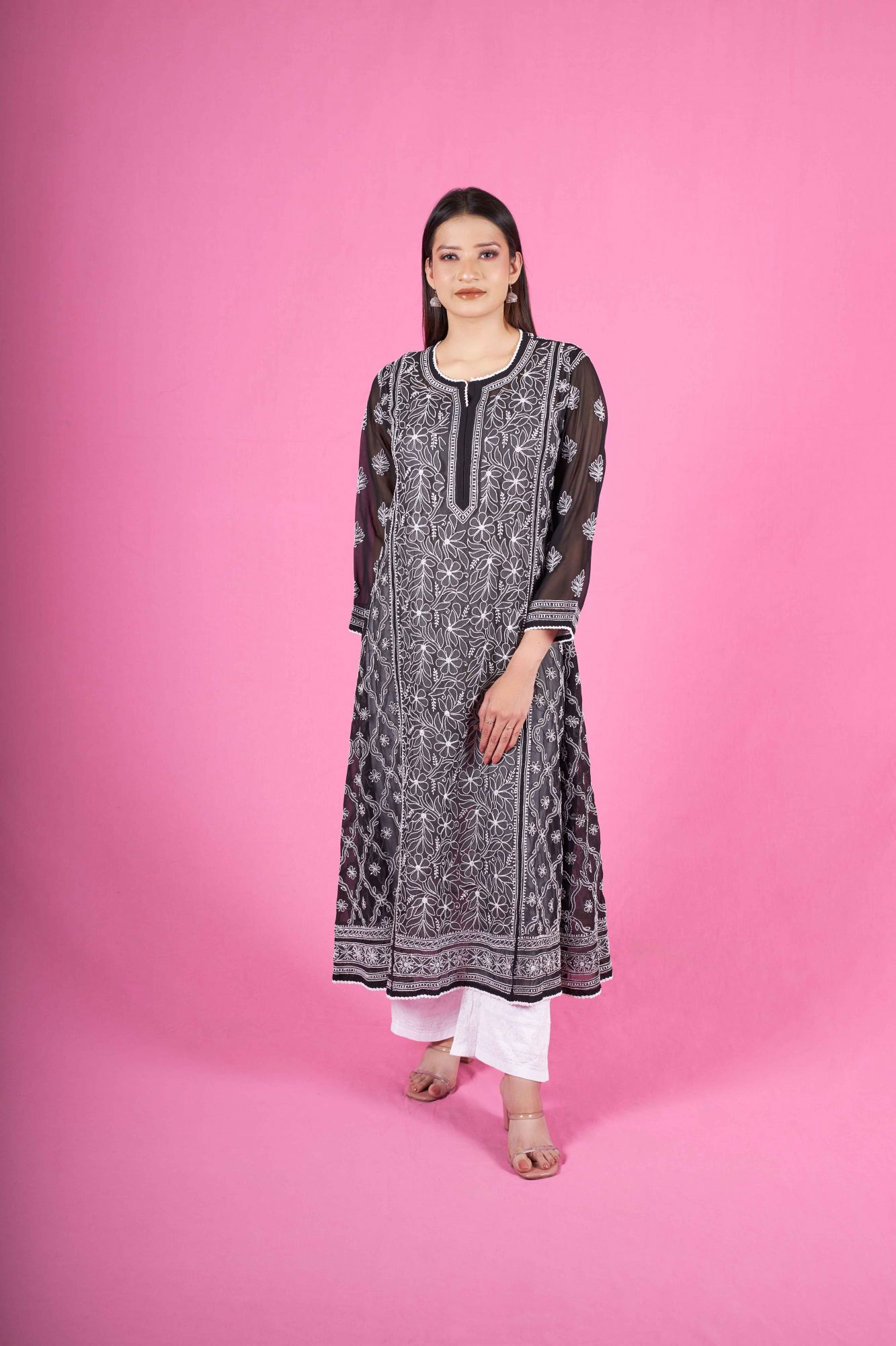 Black A line Georgette Kurti