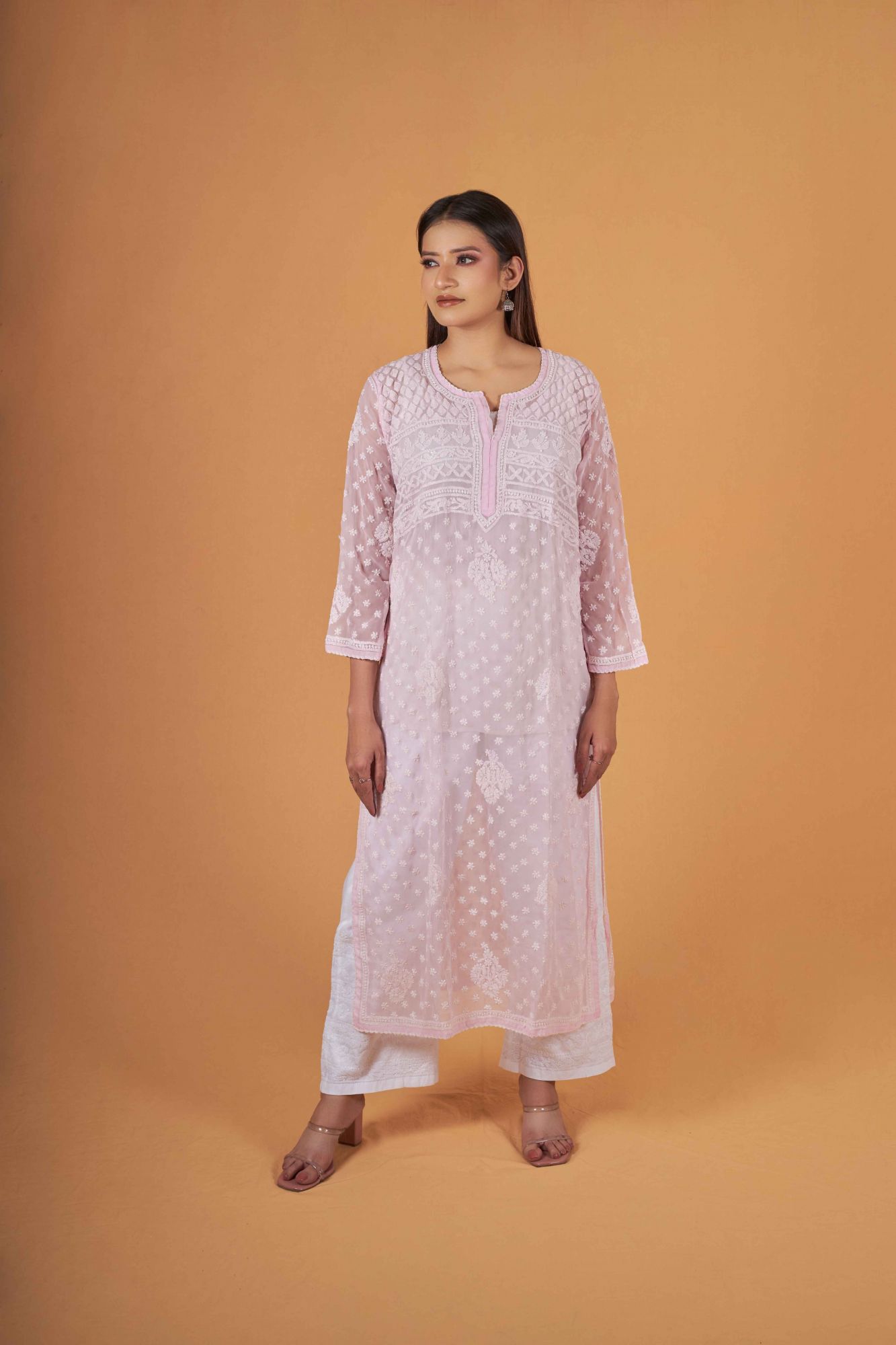 Baby Pink Georgette Resham work kurti