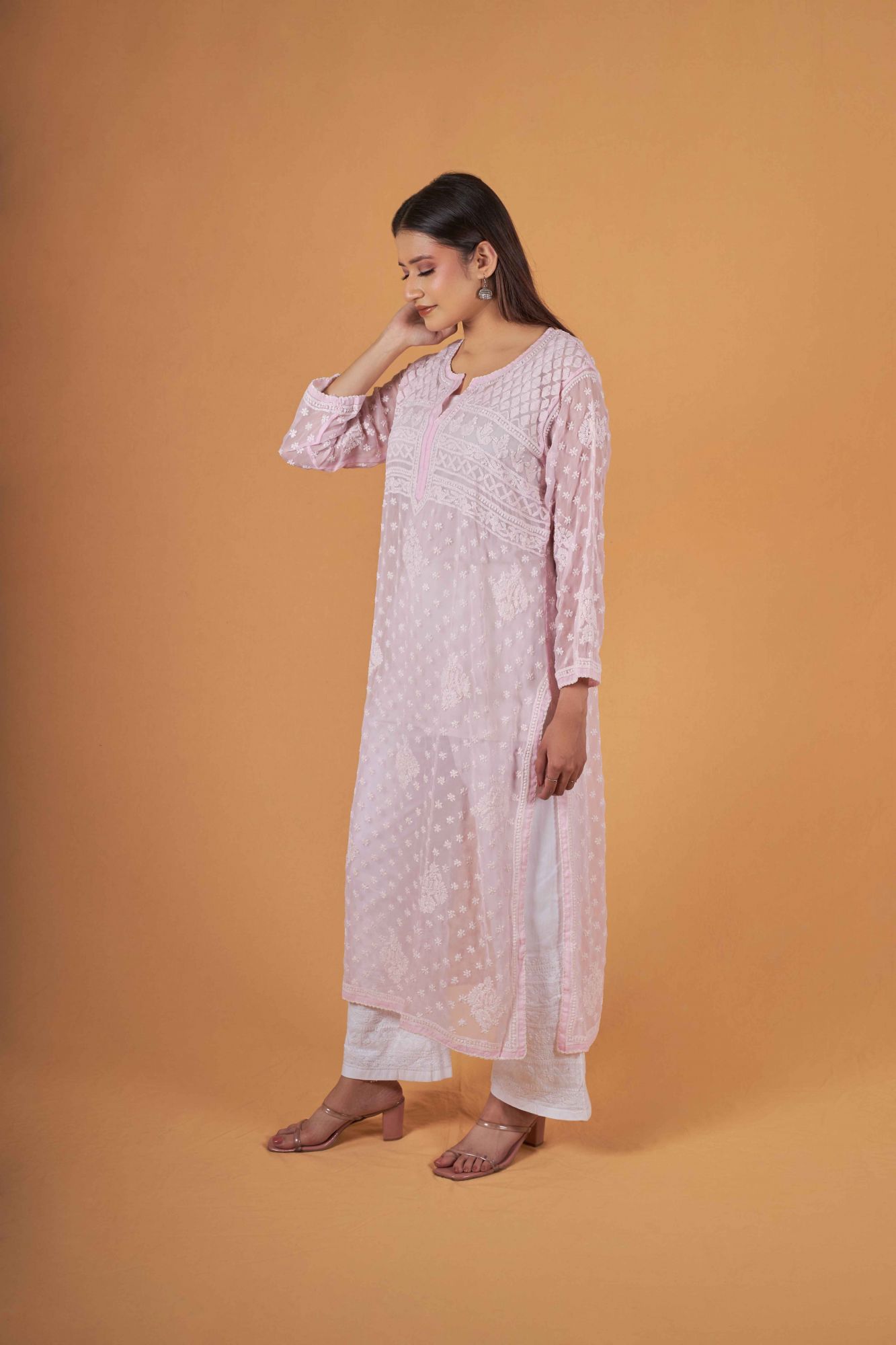 Baby Pink Georgette Resham work kurti