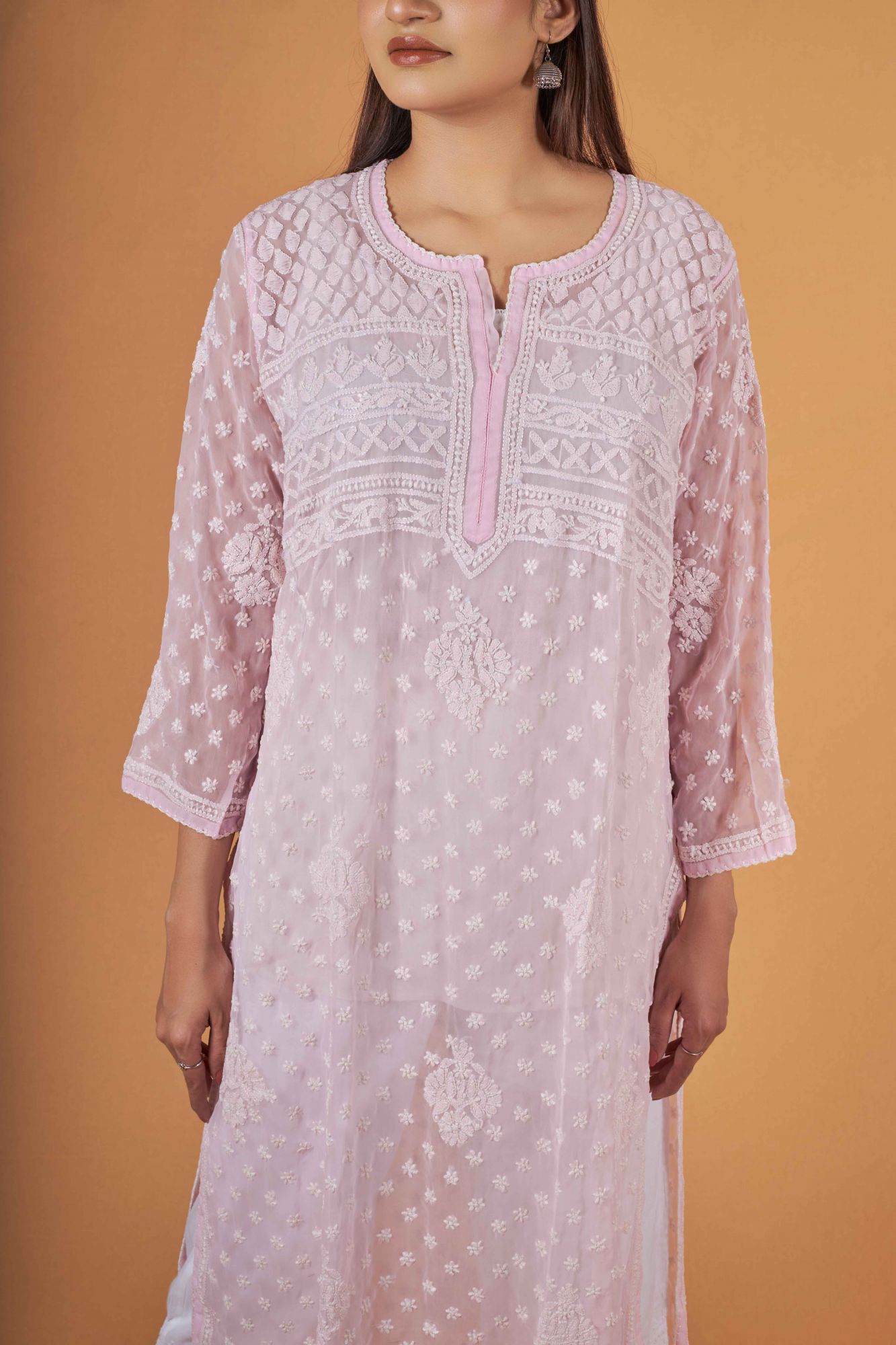 Baby Pink Georgette Resham work kurti