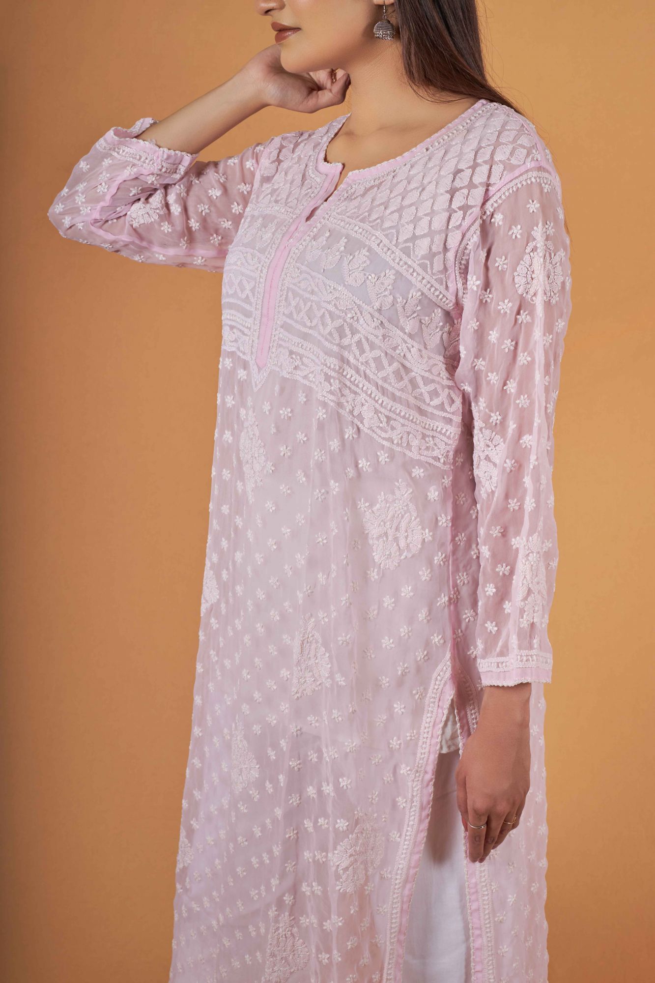 Baby Pink Georgette Resham work kurti