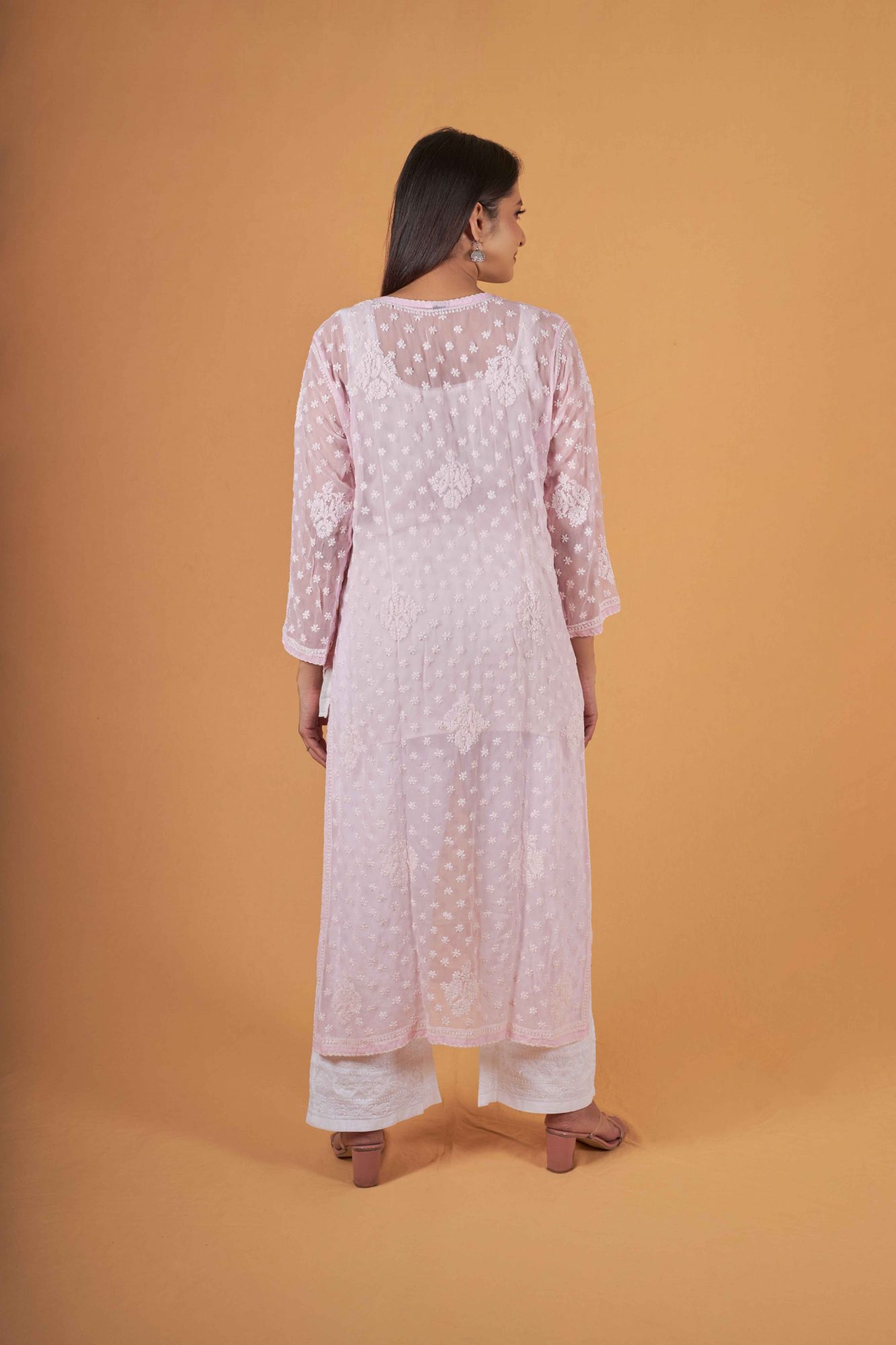Baby Pink Georgette Resham work kurti