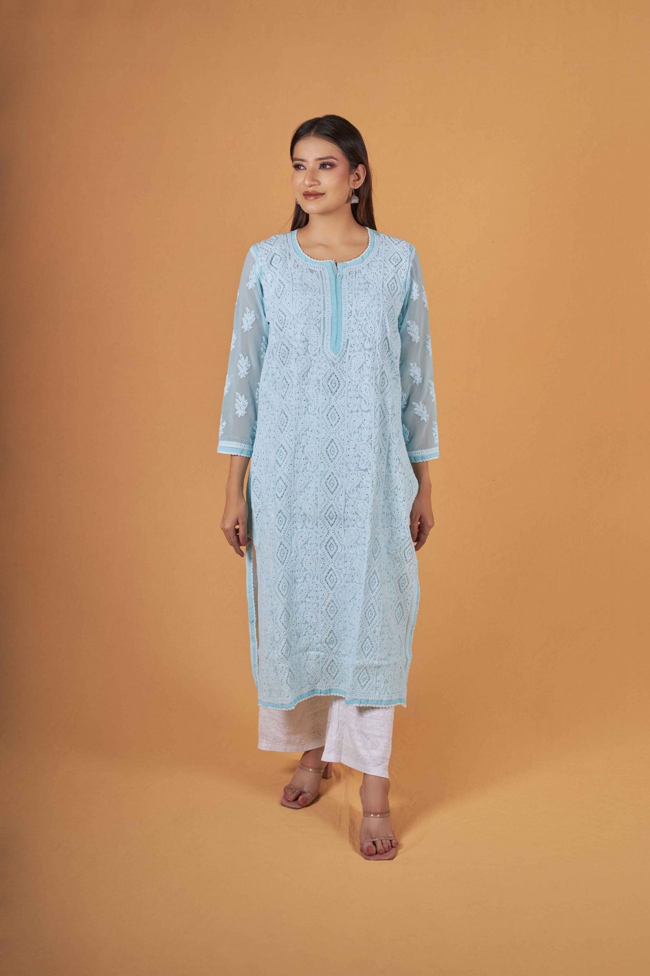 Sky blue Georgette Kurti with Mukaish