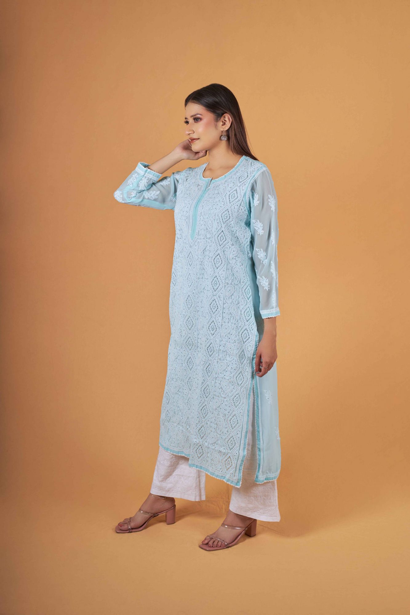 Sky blue Georgette Kurti with Mukaish