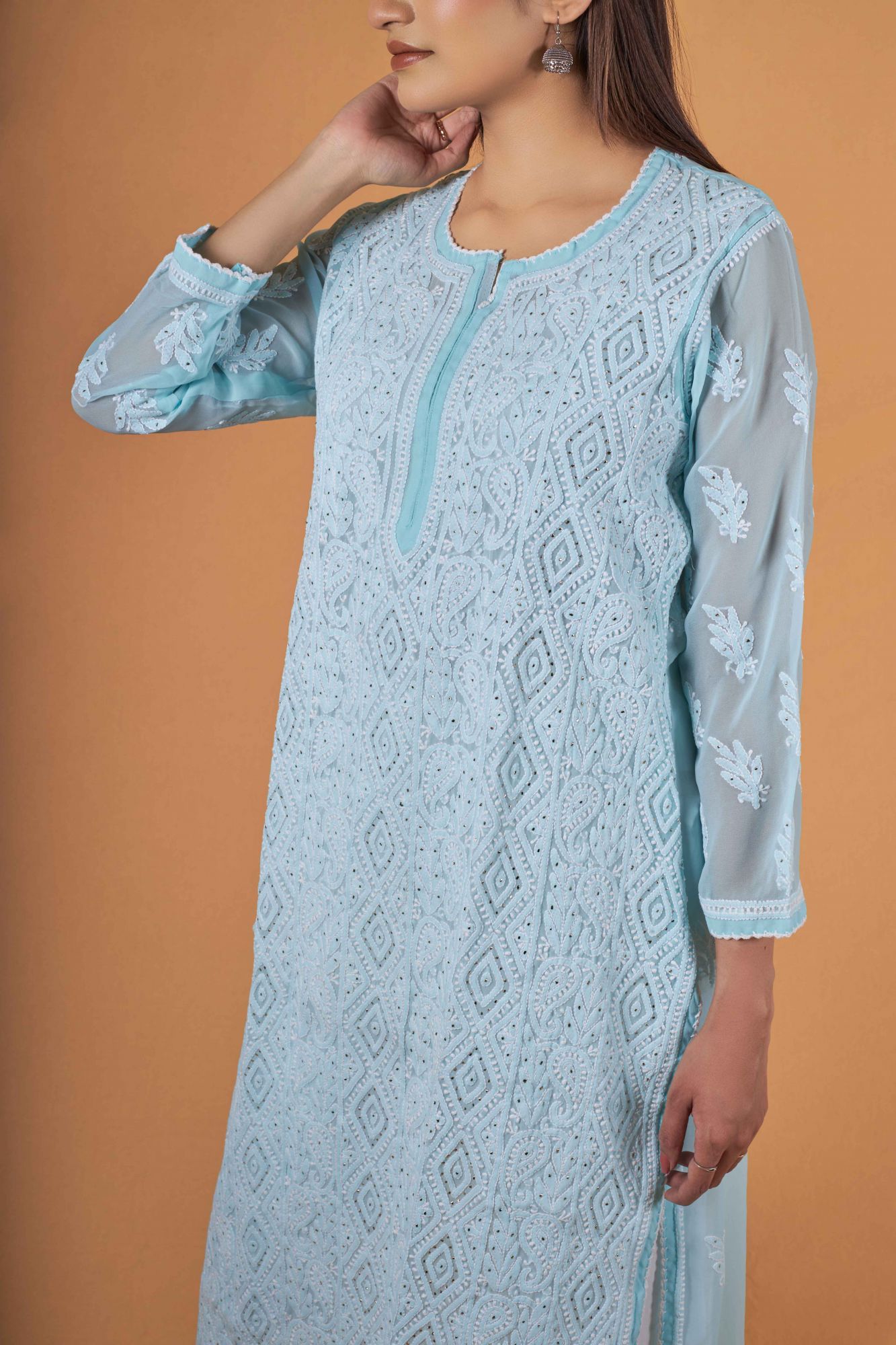 Sky blue Georgette Kurti with Mukaish