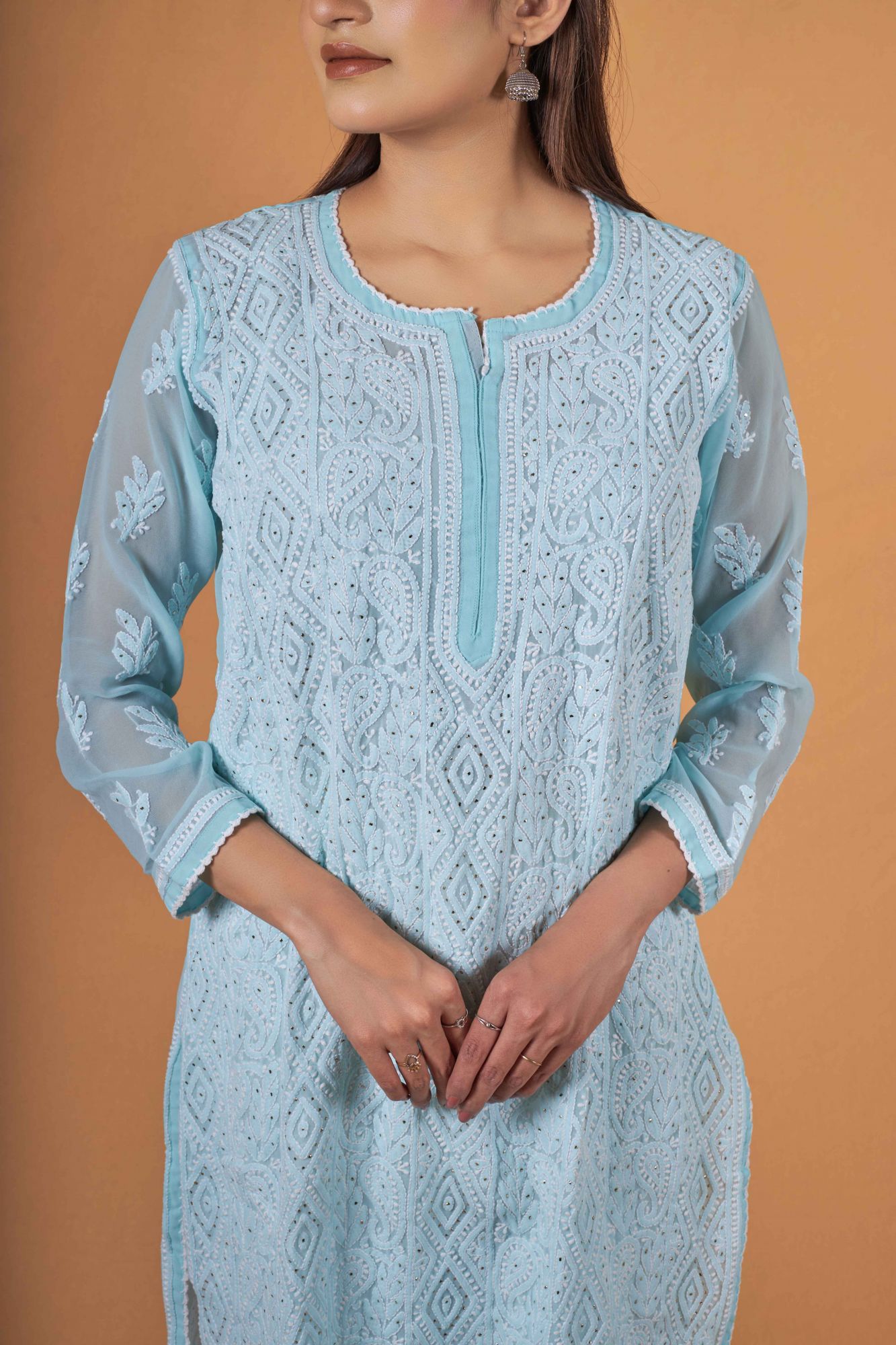 Sky blue Georgette Kurti with Mukaish