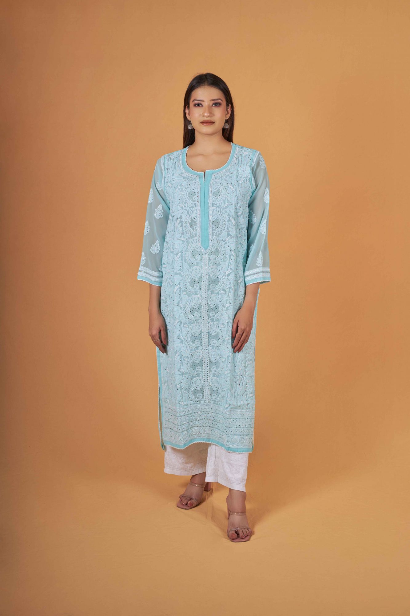 Powder blue Georgette Kurti with Mukaish