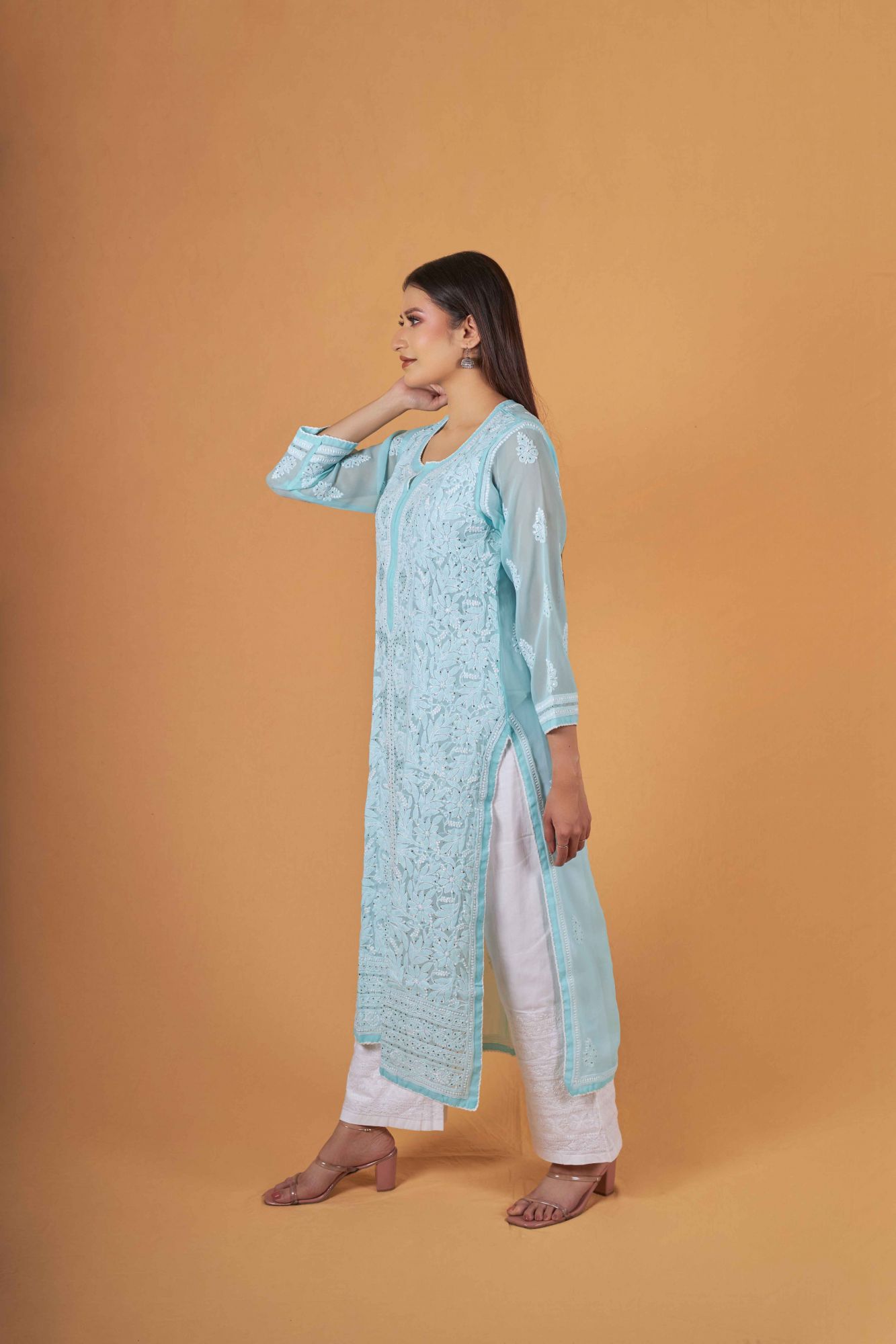 Powder blue Georgette Kurti with Mukaish