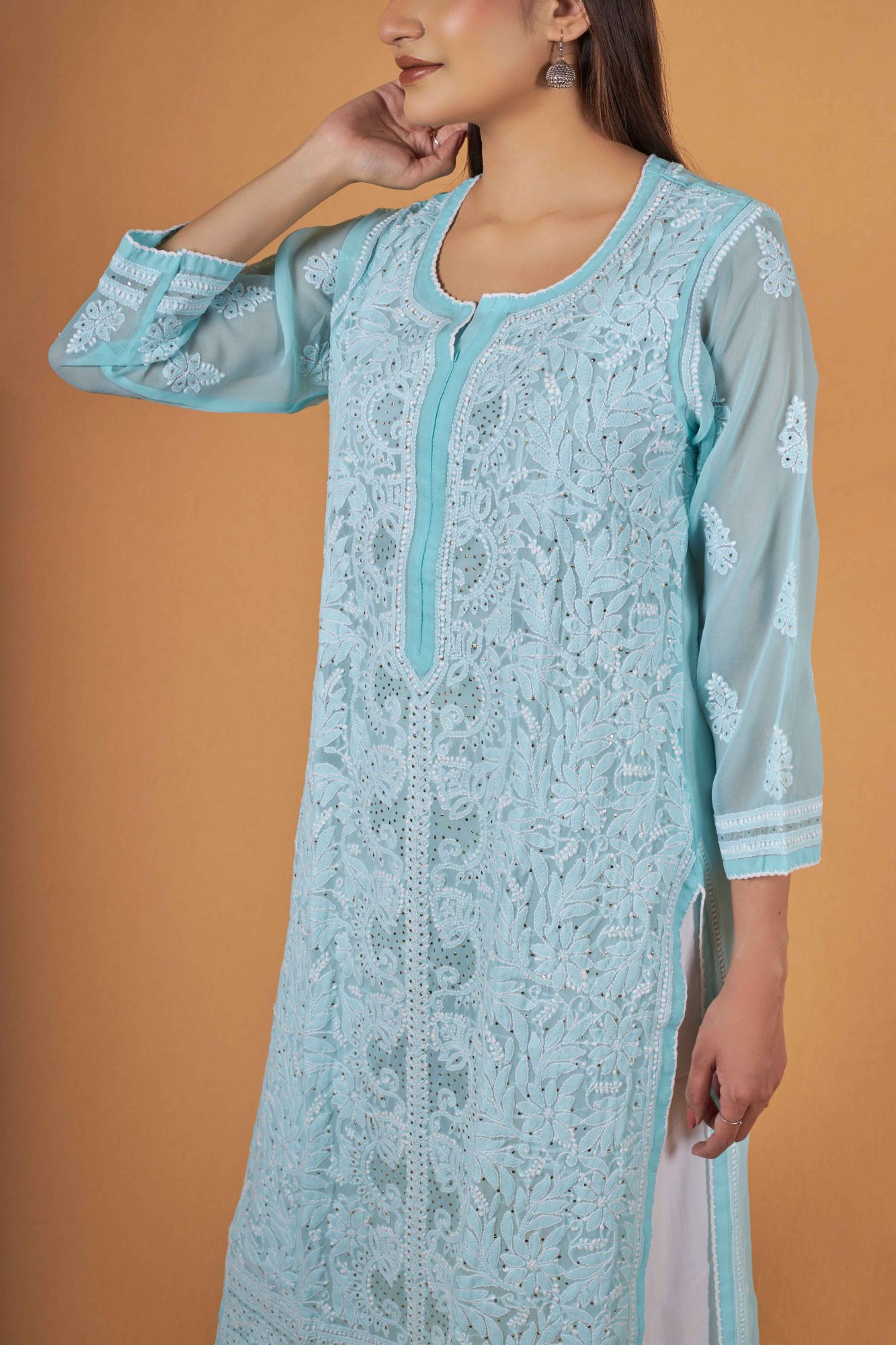 Powder blue Georgette Kurti with Mukaish
