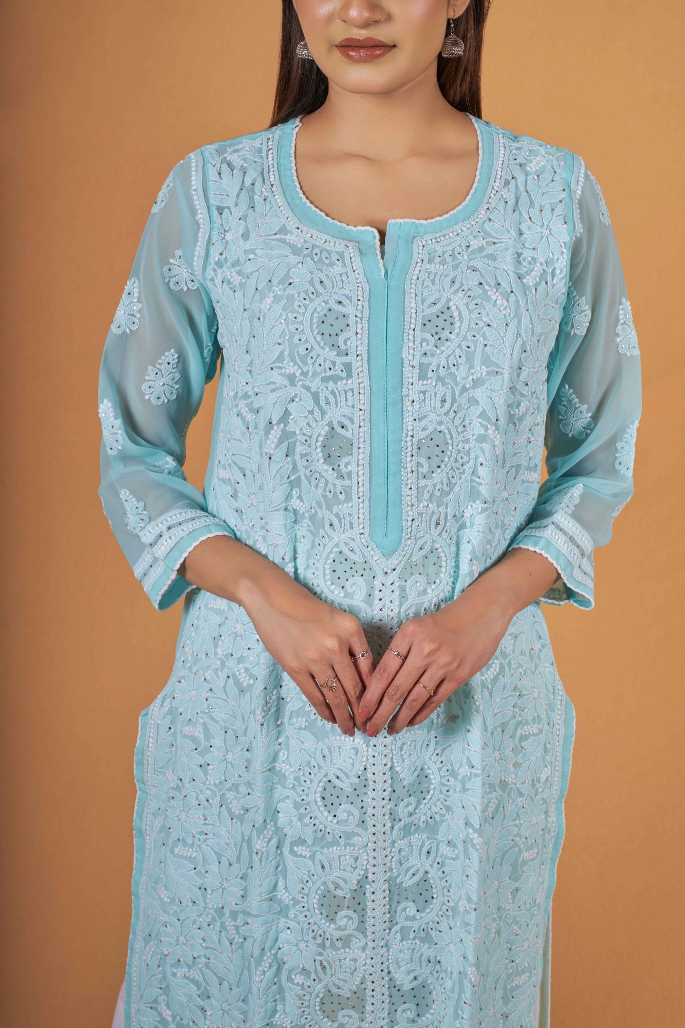 Powder blue Georgette Kurti with Mukaish