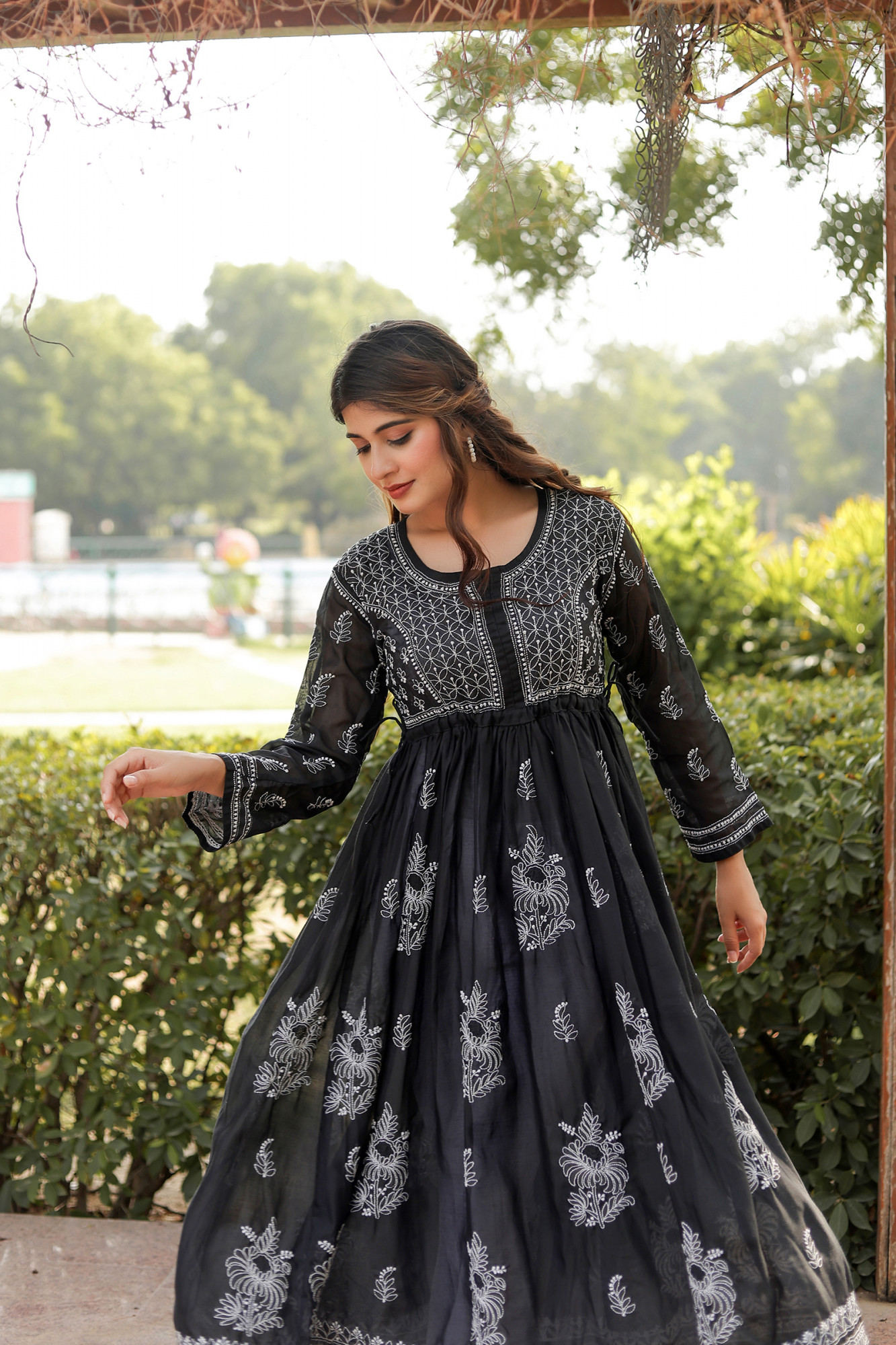 Black Cotton A line Full embroidered KurtaGown