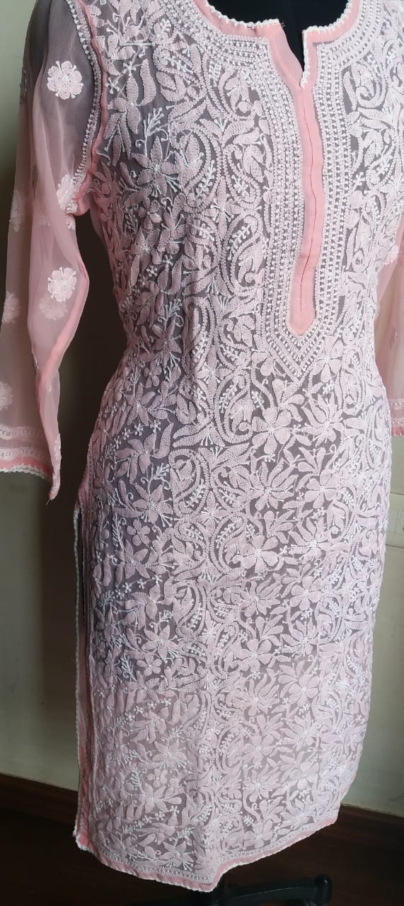 Peach Georgette Kurti with fine chikankari