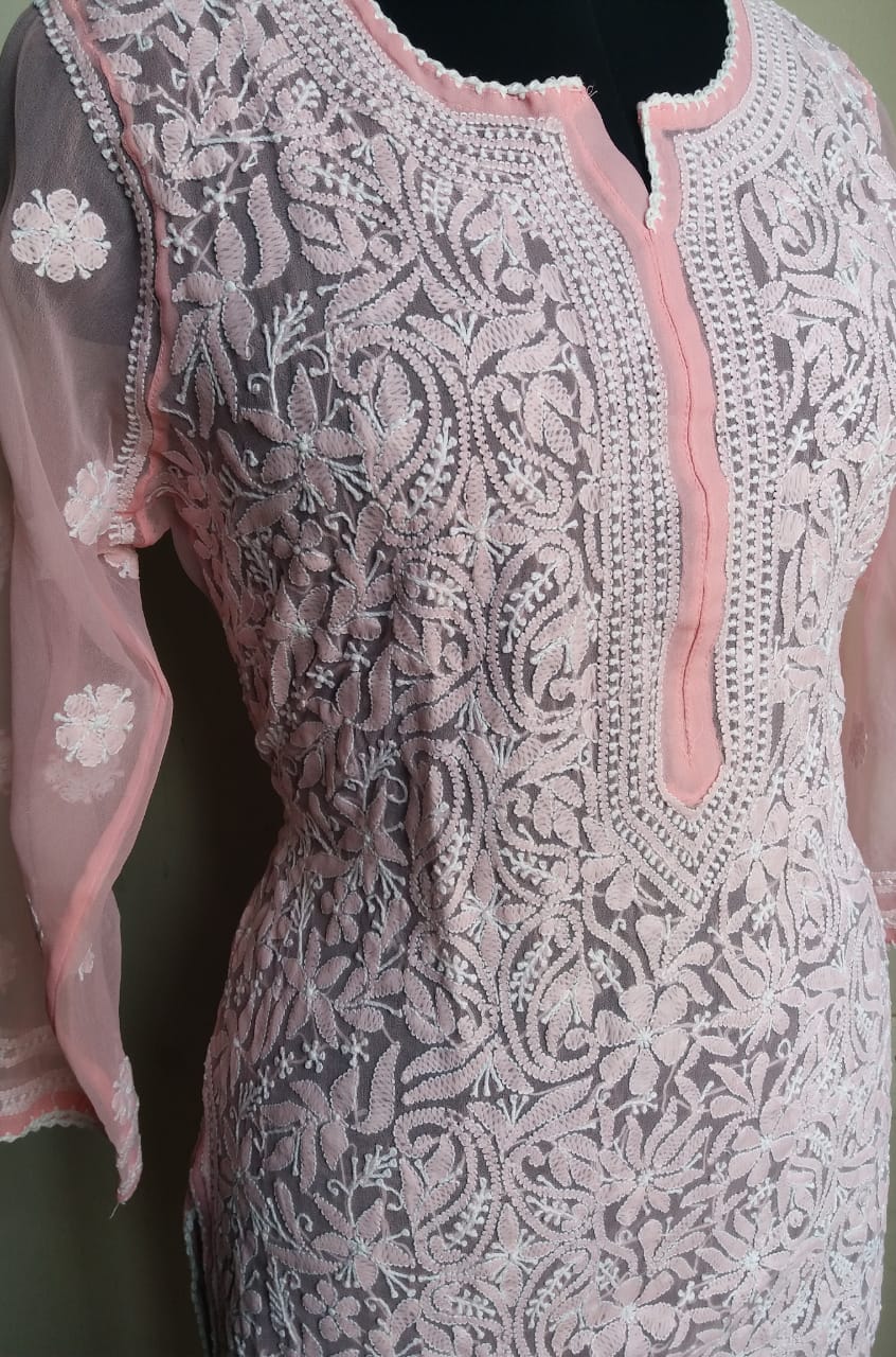 Peach Georgette Kurti with fine chikankari