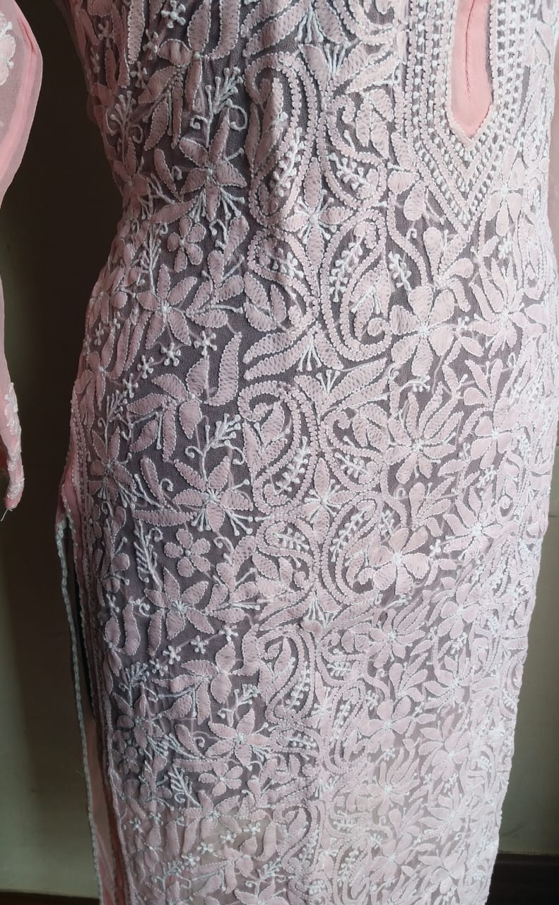 Peach Georgette Kurti with fine chikankari