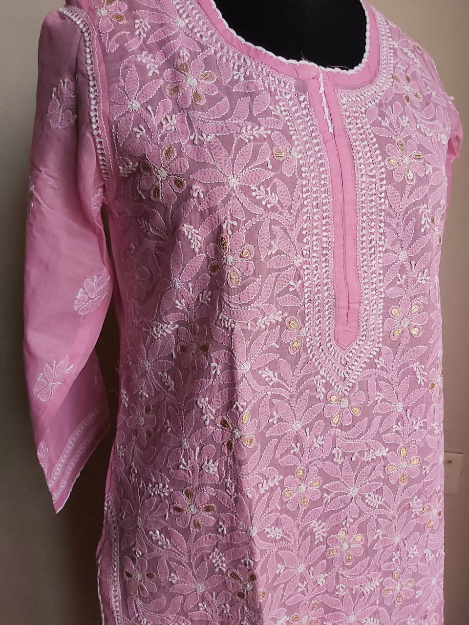 Dark Pink Cotton Voil  Kurti with Chikan and Gota Patti