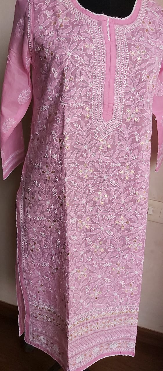 Dark Pink Cotton Voil Kurti with Chikan and Gota Patti