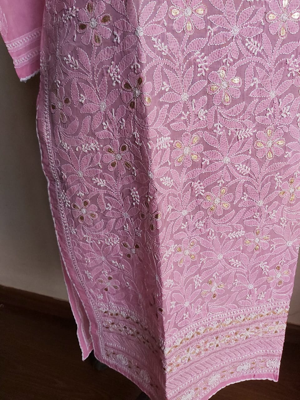 Dark Pink Cotton Voil  Kurti with Chikan and Gota Patti