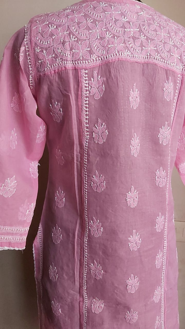 Dark Pink Cotton Voil Kurti with Chikan and Gota Patti