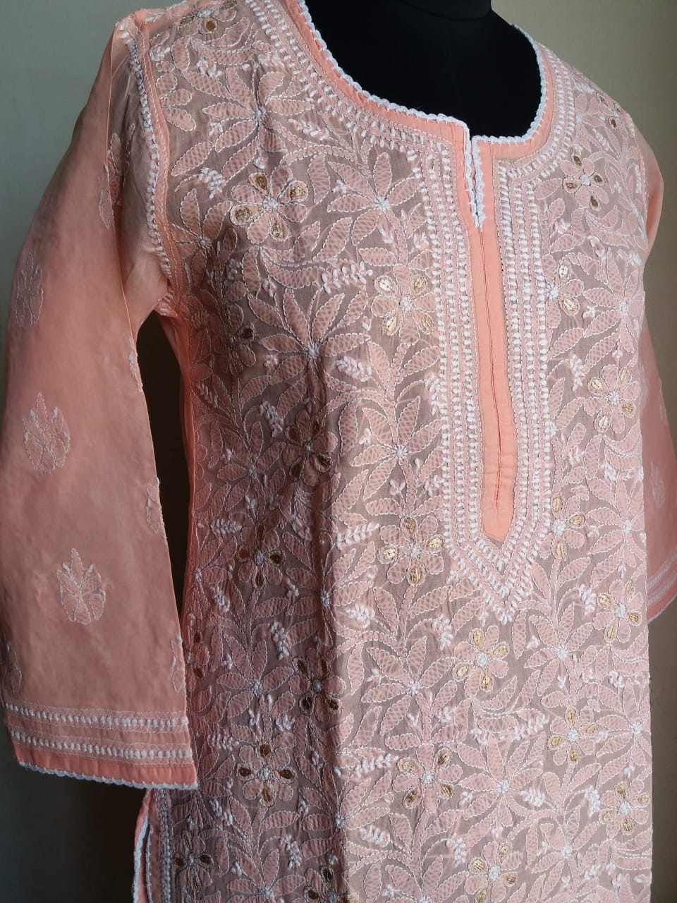 Peach cotton voil Kurti with Chikankari and Gota patti